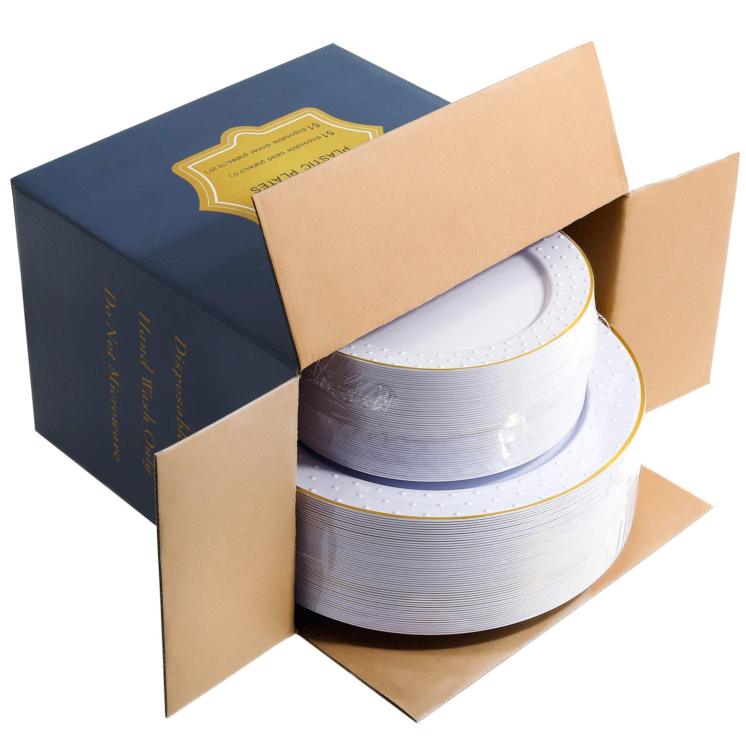Buy 102pcs Plastic Plates Heavy Duty Gold Plastic Plates, White Disposable Plastic Plates with