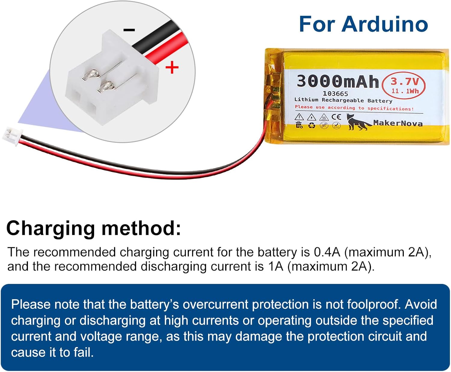 4 Pack 3.7V 103665 3000mAh LiPo Battery, 1S 3C Rechargeable, Micro JST 1.25 Connector, Dual Protection Board,