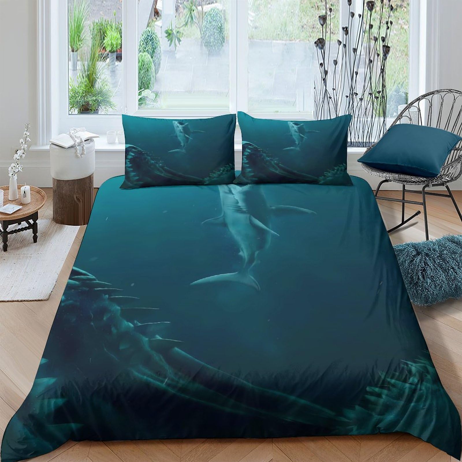 XFKLYNVCJ 3D Printed Shark underwater scene Comforter Cover Premium Polyester Marine predator Duvet Cover Shrink Resistant Quick Drying for College Bedroom Student Dormitory Use Super king（260x220cm）