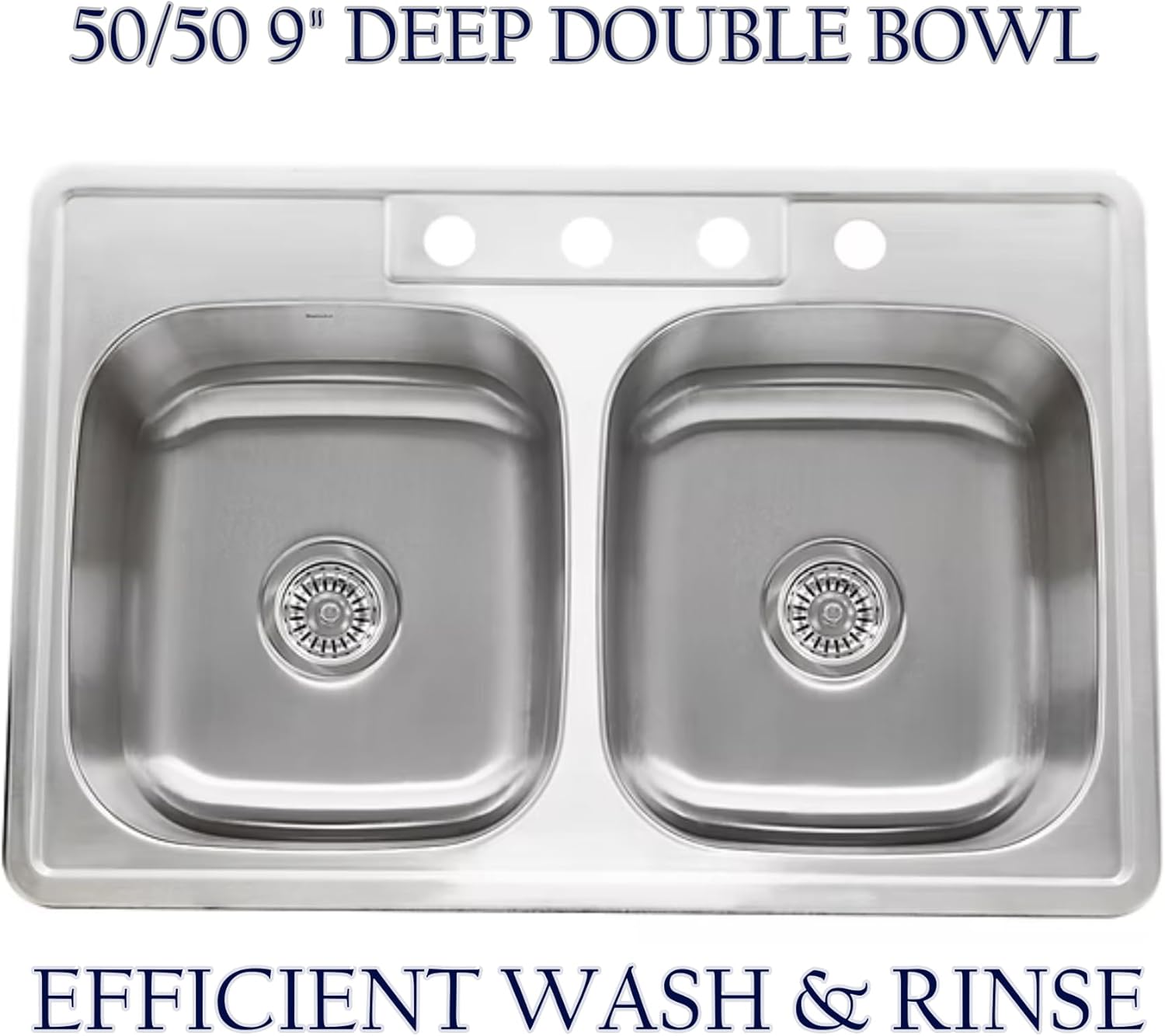 Nantucket Sinks Stainless Steel Sink – 33x22" Drop In Kitchen Sink, Rectangular Double Bowl, 4 Holes, 18 Gauge 304 Steel, Satin Finish, Rubber Padding, Basket Strainer Drain Included