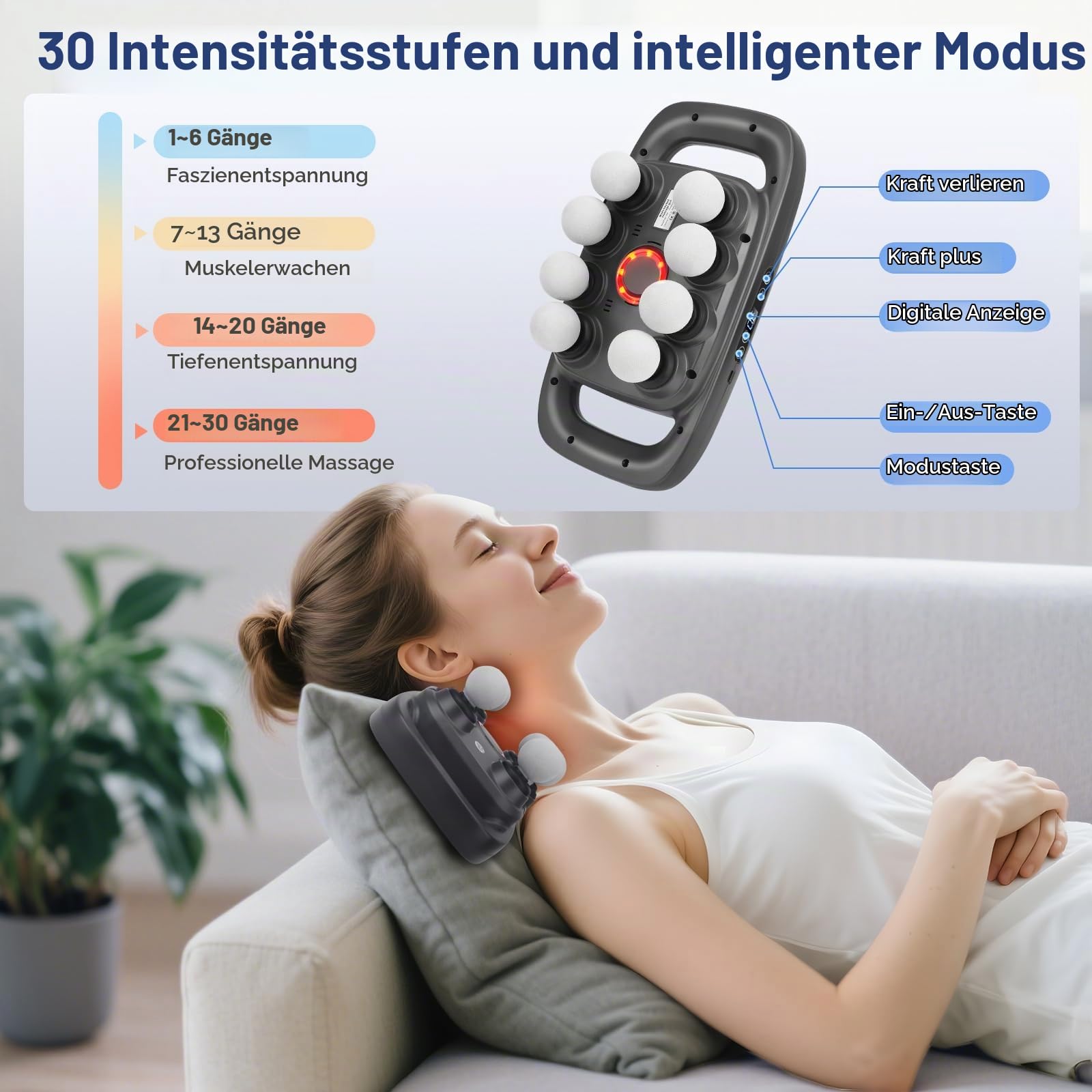 8-Kopf Massagepistole, Massagegerät mit 30 Einstellbaren Geschwindigkeiten und 3 Massagemodi, Massage Gun mit Rotlicht für Rücken Nacken Bein Oberschenkel Schulter Füße Entspannung (02)
