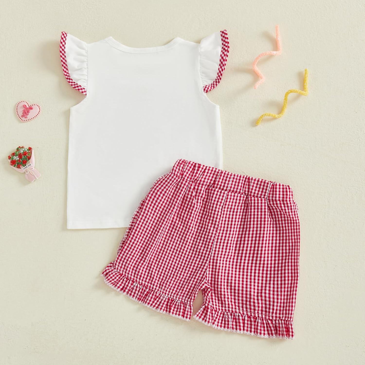 Toddler Baby Girl Valentines Outfit Heart Embroidery Fly Sleeve T Shirt and Plaid Ruffle Shorts 2 Piece Clothes Set - Image 5