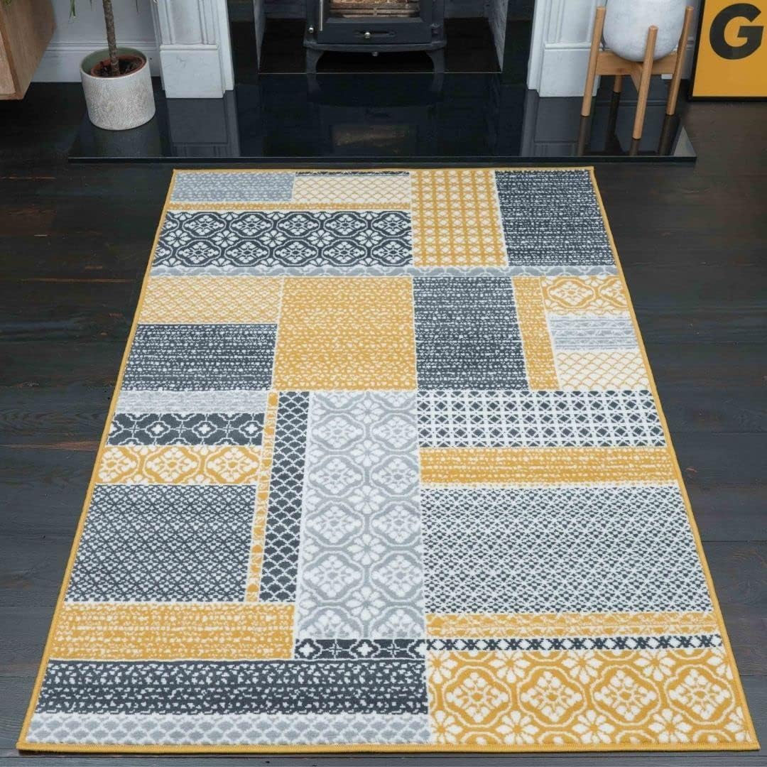 Milan Ochre Mustard Yellow Grey Patchwork Squares Traditional Lounge ...