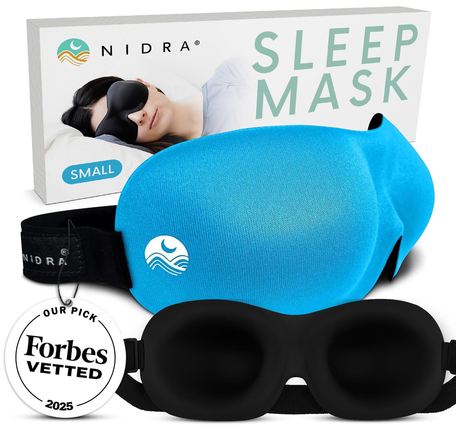 Nidra Contoured Sleep Mask for Side Sleepers – Zero Pressure Fit, Light Blocking Eye Shade for Sleeping & Travel – Blue, Small Size