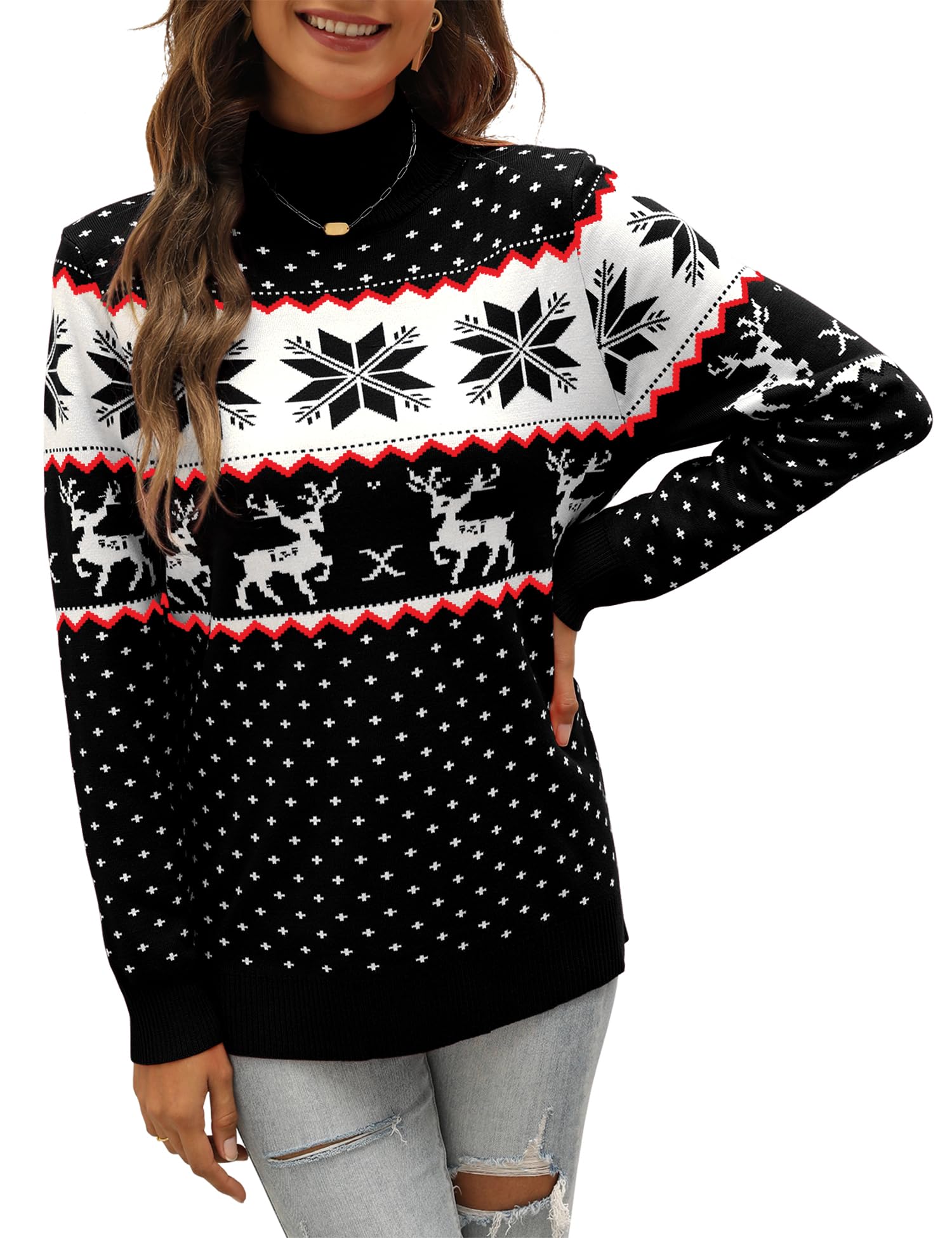 Womens Ugly Christmas Sweater Snowflake Reindeer Pattern Sweaters Crew Neck Cute Xmas Knit Pullover Tops