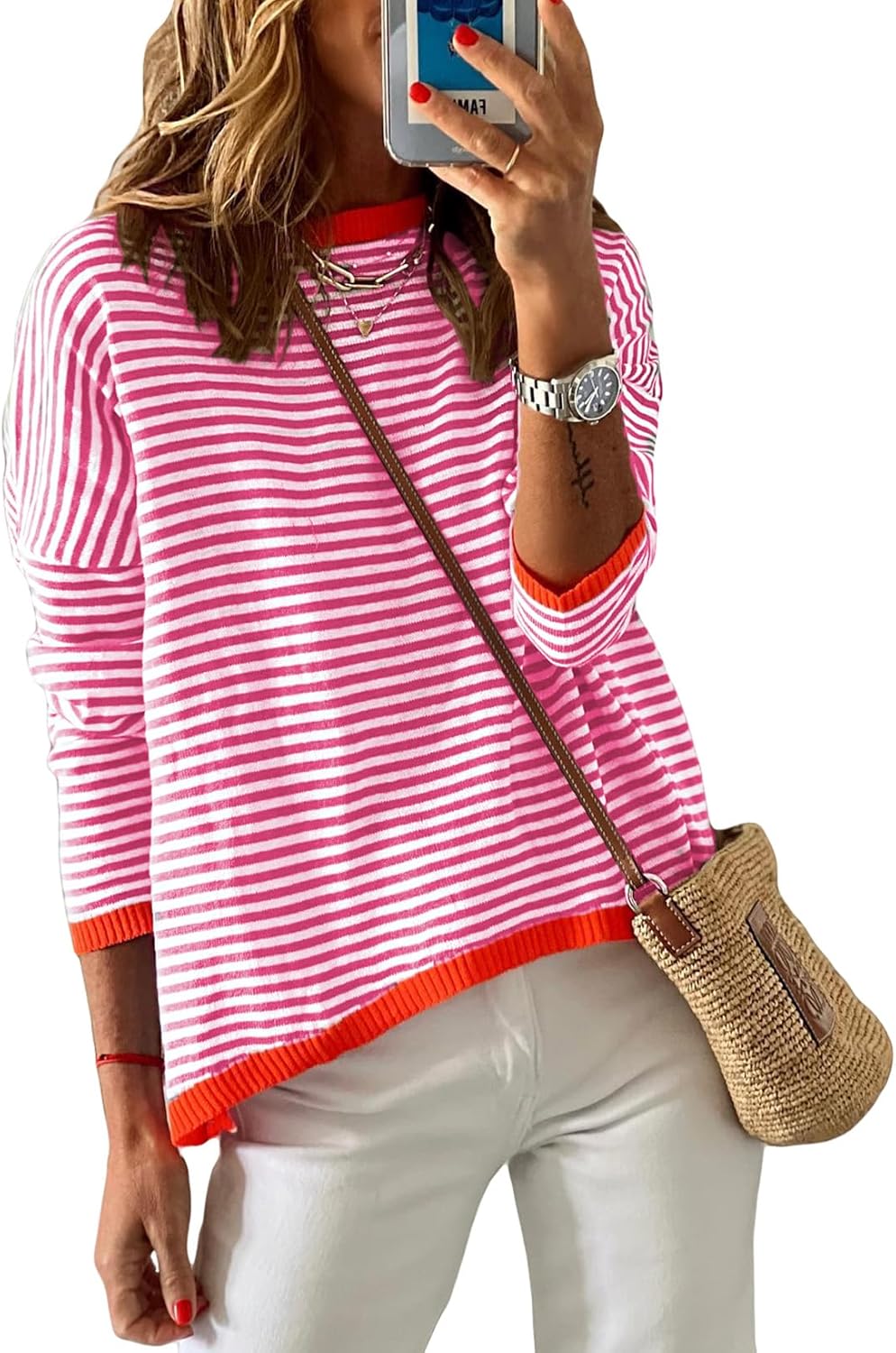 Womens Lightweight Cotton Sweaters Long Sleeve Crew Neck Color Block Striped Casual Knitted Pullover Tops