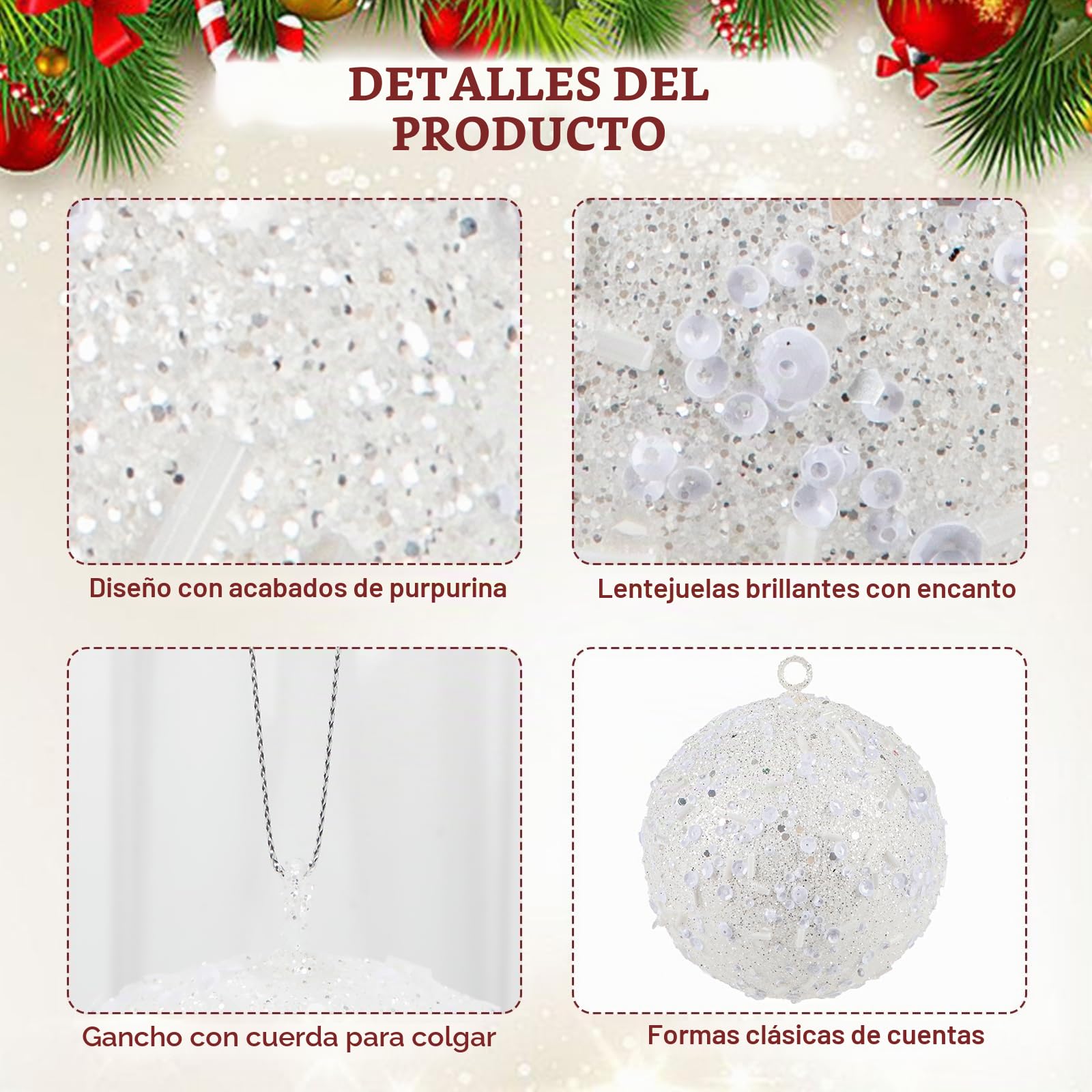 Oairse Adornos grandes de Navidad de 10 cm, 6 piezas inastillables grandes blancas para árbol de Navidad, adornos de árbol de Navidad con purpurina para Halloween, vacaciones, boda, decoración de
