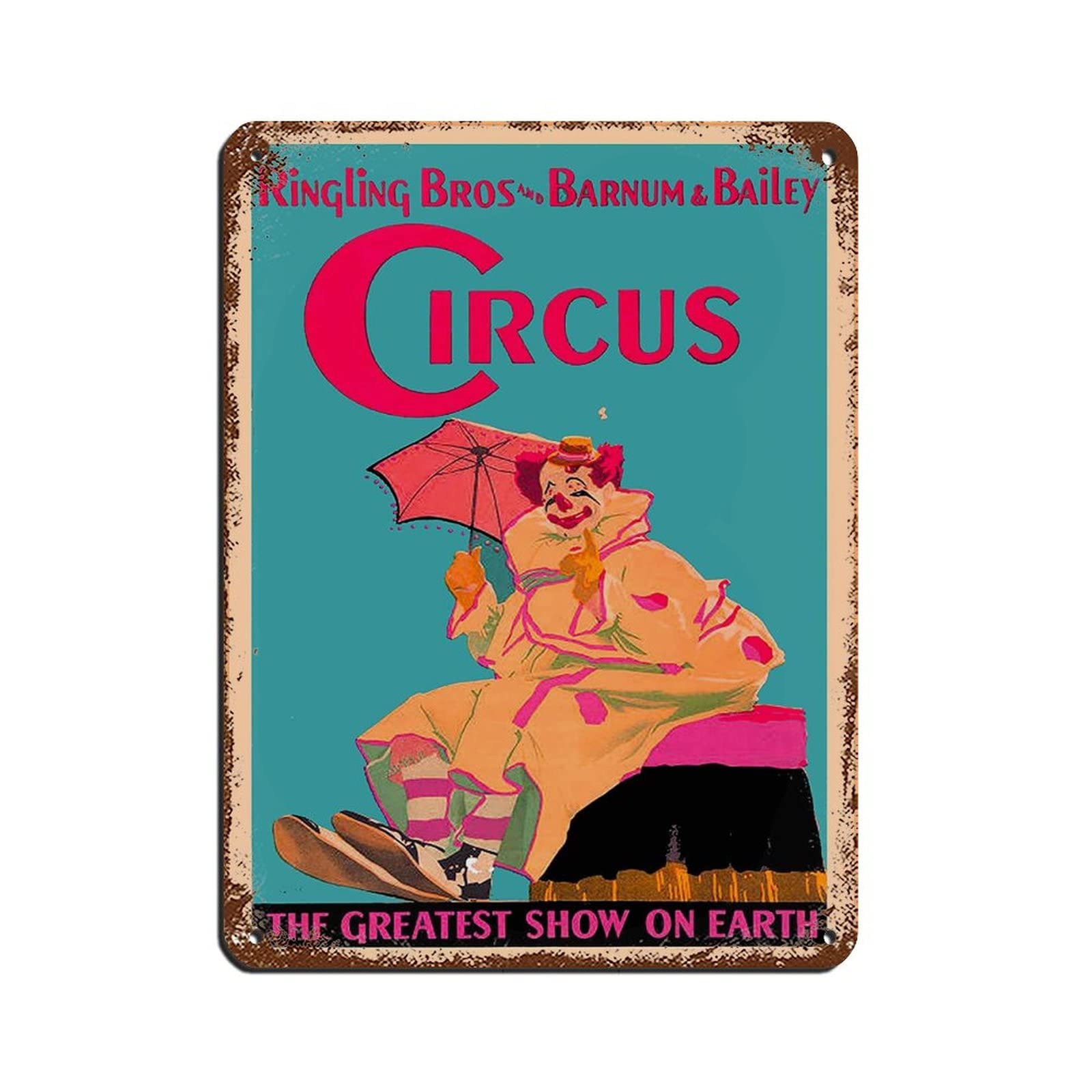 Vintage Poster Travel Lin Lin Brothers Barnum and Bailey Circus Clown and Umbrella Metal Tin Sign Retro Iron Painting for Bar Man Cave Cafe Family Garage 30x40cm