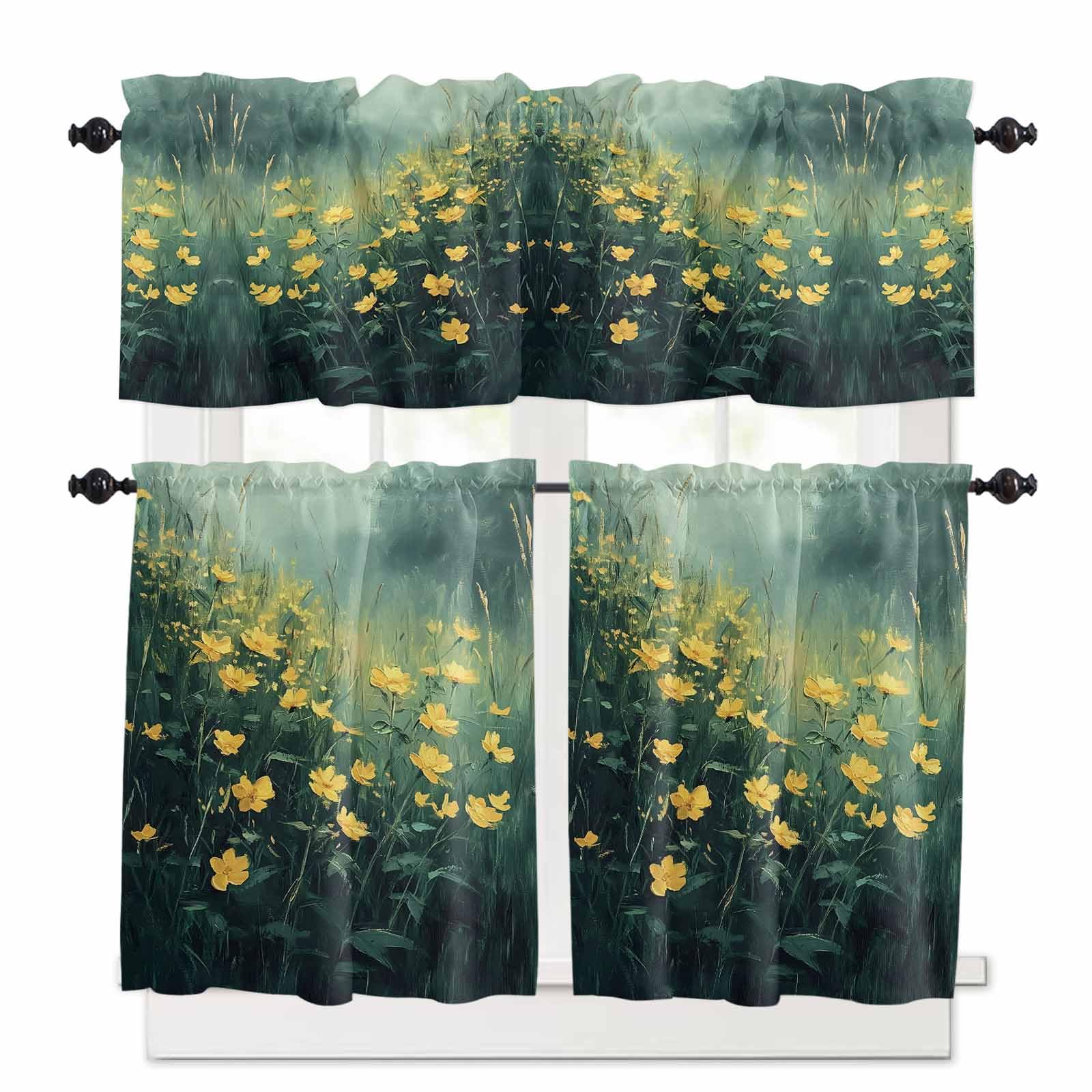 Spring Floral Kitchen Curtains 36 Inch Length,3 Piece Rod Pocket Small Half Tiers and Valance Set,Green Botanical Modern Oil Painting Yellow Small Large Window Treatment Decor for Bedroom/Bathroom