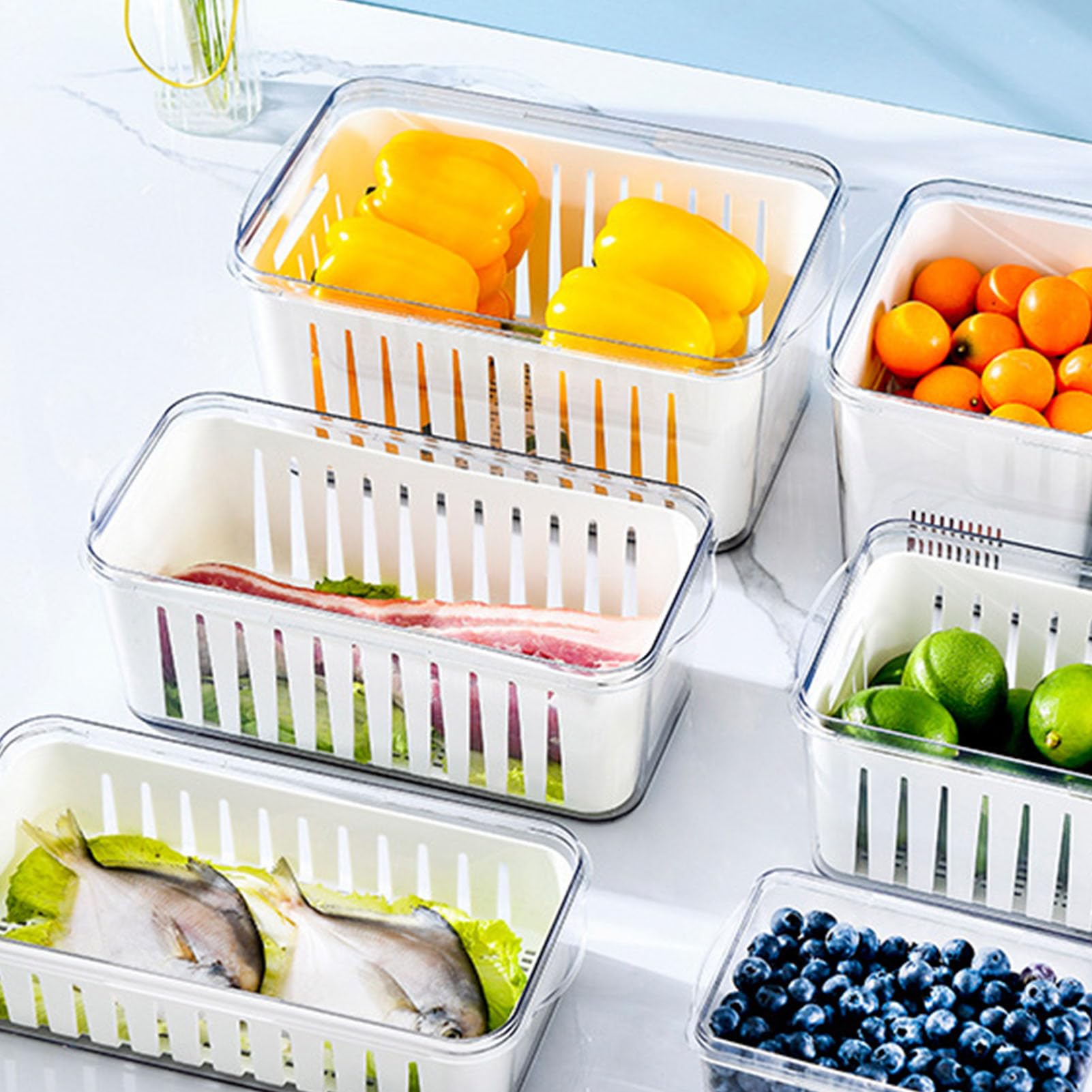 Luftdichter Frischhaltebehälter mit Sieb, Datumsanzeige, Stapelbares Design, für Kühlschrank mit Gefrierfach, Hält Obst und Gemüse Länger Frisch (Weiß M)