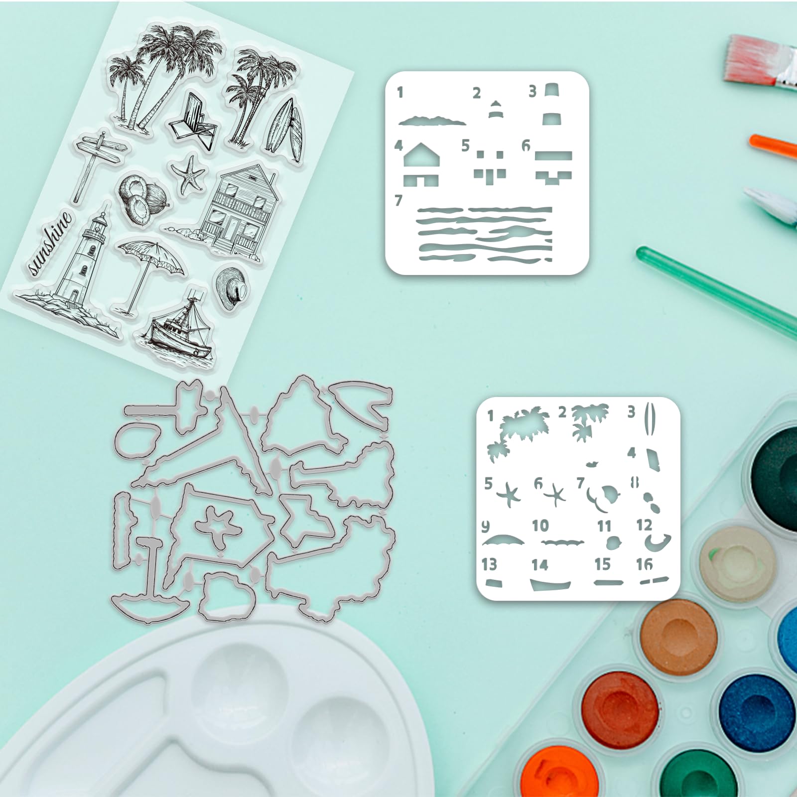 INFUNLY Summer Beach Clear Stamp and Metal Die Cut Set Ocean Theme Transparent Seals for Card Making Layered Color Coating Stencils Coconuts Trees Lighthouse Boats Stamps and Dies for DIY Scrapbooking - Image 3