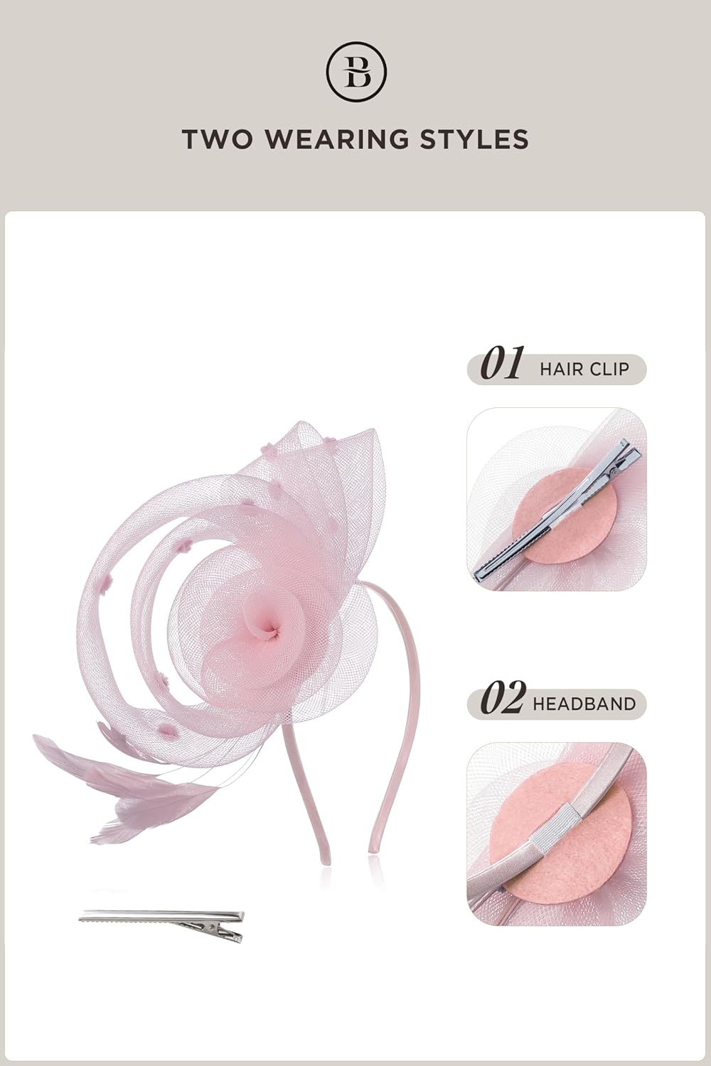 BABEYOND Fascinators Hats for Women - Tea Party Hats Kentucky Elegant Tulle Feather Bridal Wedding Headband with Hair Clip - Image 6