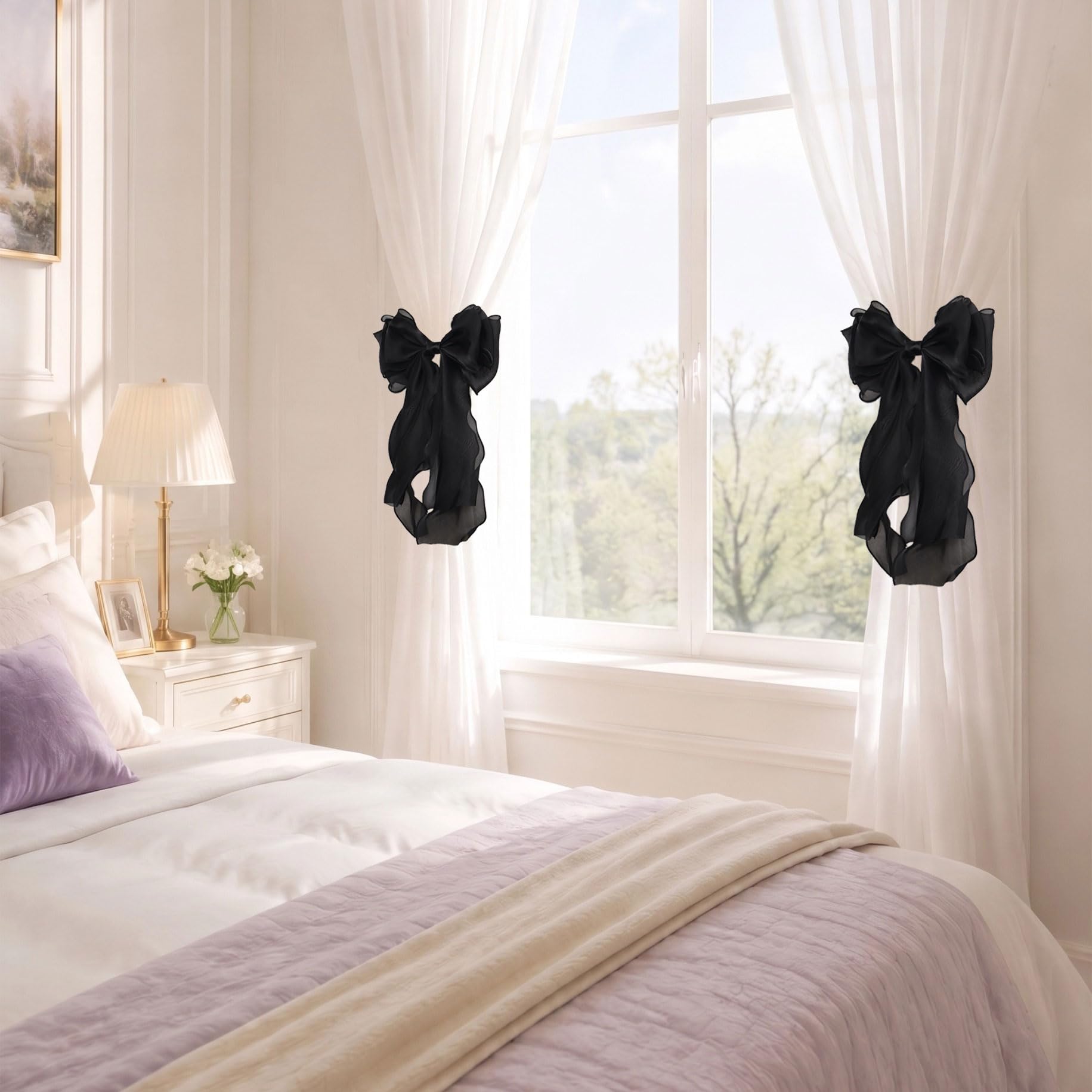 Pretty Jolly 2 Pack French Silky Bow Curtain Tiebacks Elegant Lace Ribbon Decorative Drape Tie Backs Double Layer Handmade Butterfly Knot Curtain Holdbacks for Home Wedding Window Drapery (Black) - Image 5