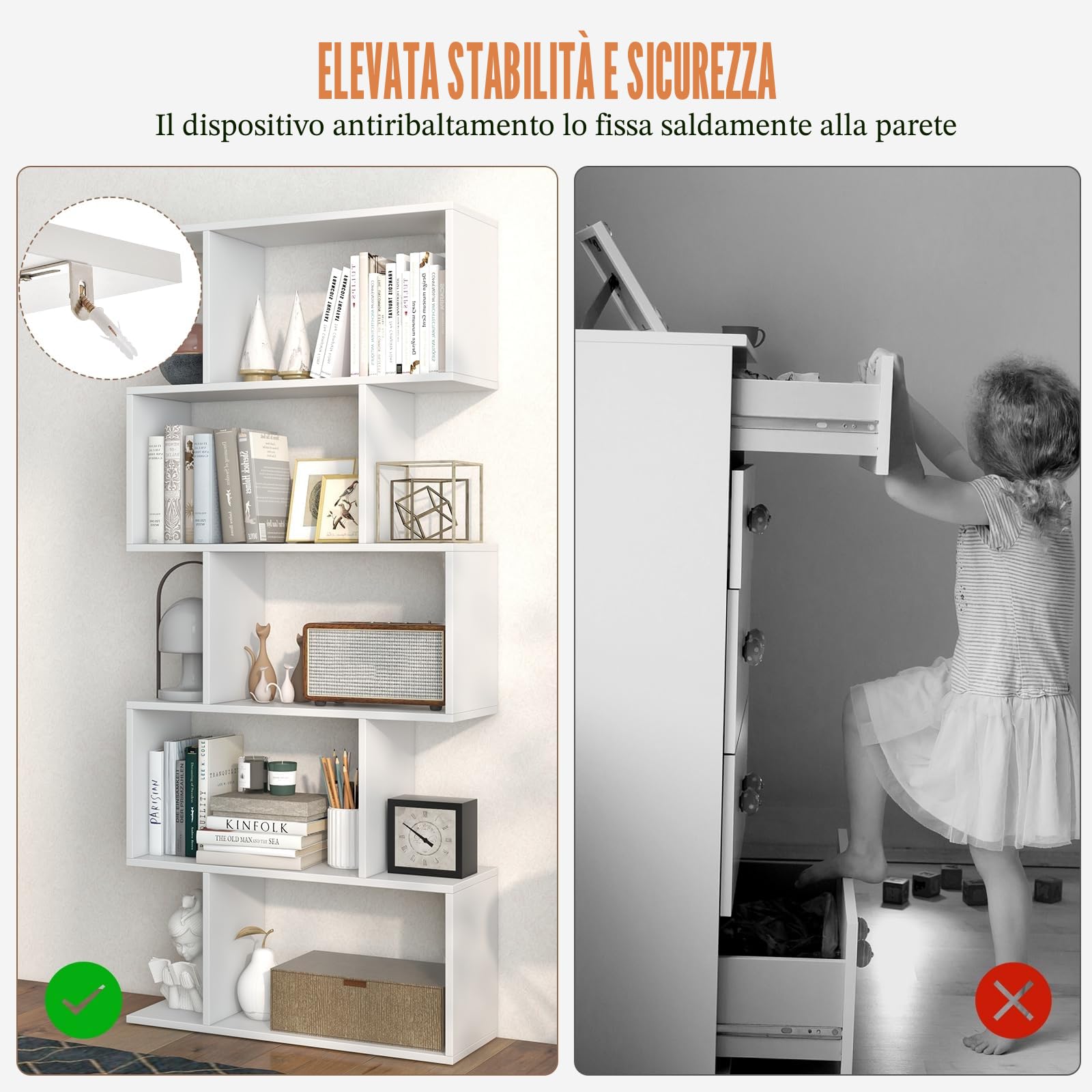HOMASIS Libreria a Forma di S, Scaffale di Stoccaggio con 5 Livelli, Libreria Scaffale da Terra in Legno, Scaffale Divisorio Verticale per Soggiorno, Camera da Letto, Ufficio, 70x23,5x158cm (Bianco)