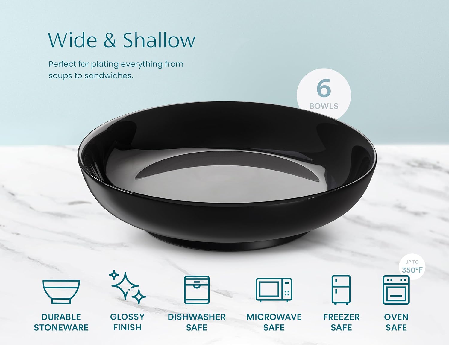 KooK Pasta Bowls Set of 6, Salad Bowl, Large, Ceramic, Microwave and Dishwasher Safe, Great for Soups and Salads, Shallow Serving Bowls, Glossy Porcelain, 32 oz, (Black) - Image 4