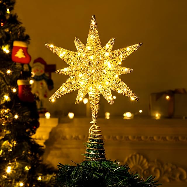 Shinowa Christmas Tree Topper, 60 LED Lights Metal Star Topper for Christmas Tree Battery Operated Moravian Star 3D Star Treetop Christmas Tree Decoration with 6H Timer, 13.78 inch/35cm, Gold