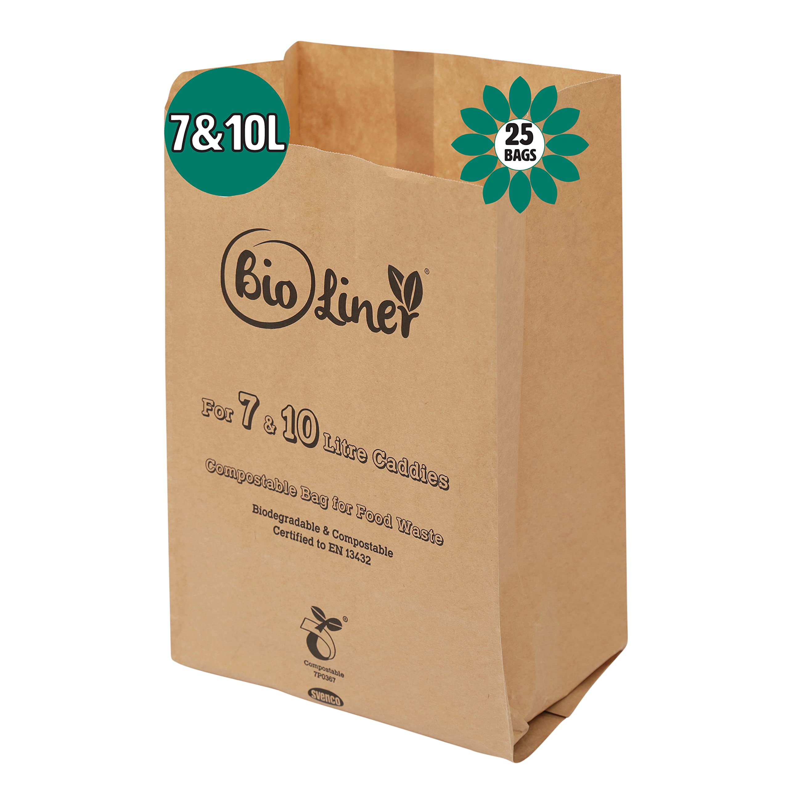 7L & 10L - 25 x Paper - Compostable Brown Caddy Food Waste Bin Liners/Bin Bags