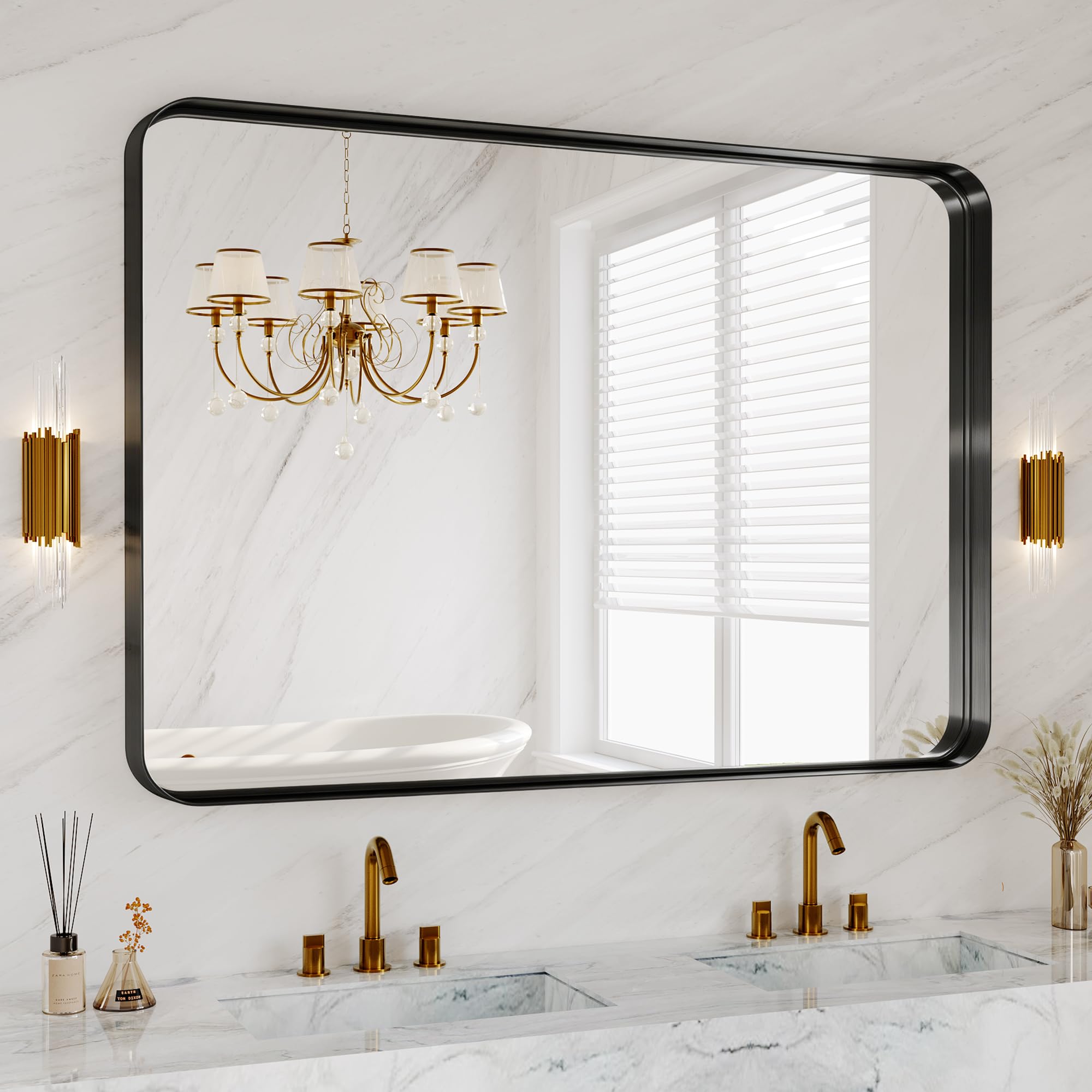 Photo 1 of 48X36 Inch Black Metal Framed Bathroom Mirror for Wall, Matte Black Vanity Mirror Farmhouse, Large Rounded Rectangle Mirror, Anti-Rust, Tempered Glass, Hangs Horizontally or Vertically