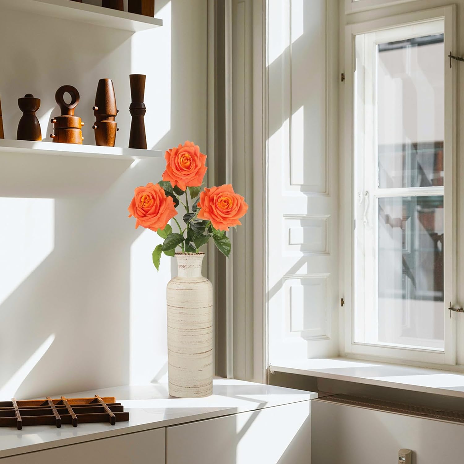 Real Touch Orange Roses Artificial Flowers 3Pcs Latex Faux Roses Flowers with Long Stem 25” Lifelike Fake Roses for DIY Wedding Bouquet Table Centerpiece Home Party Fall Decorations (Orange) - Image 2