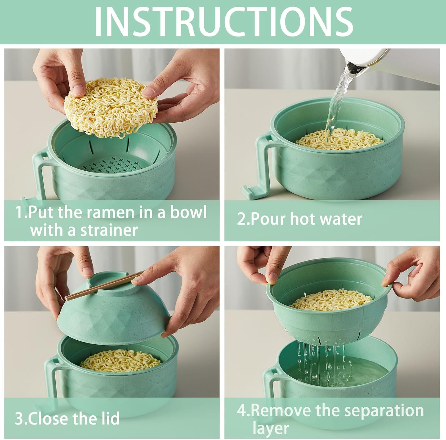 1 Set Microwave Ramen Cooker 40oz Wheat Straw Microwave Noodle Bowl Set with Chopsticks, Spoon, Fork, College Dorm Office Apartment Essentials (Light Green) thumbnail