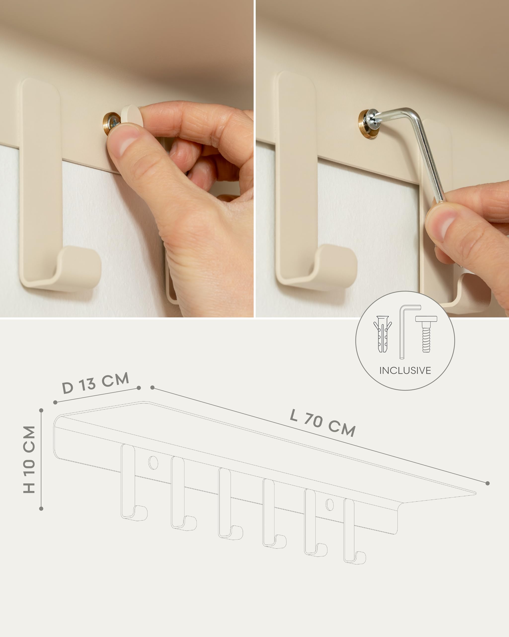 Kazai. Attaccapanni a muro 'Holmsen' | Appendiabiti da parete design moderno con mensola | Attaccapanni con mensola in metallo | Appendi giacche da muro per ingresso | Sabbia Taupe