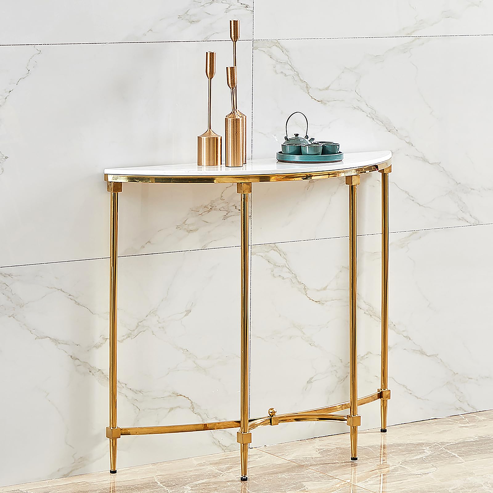 Table Console Demi-lune En Marbre Avec Cadre En Métal Doré - Petite