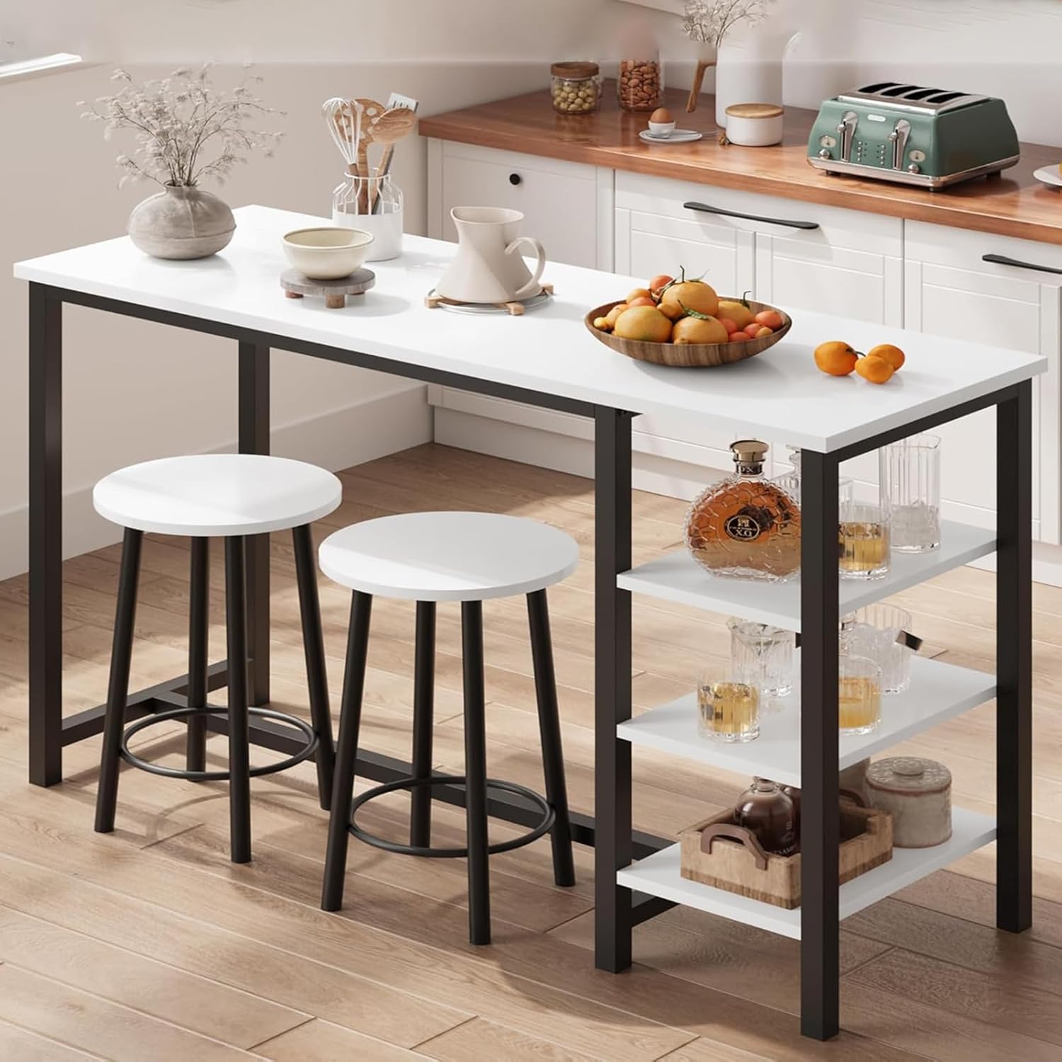 Height Table and Chairs Set of 2 Person, Small High Top Kitchen Table for 2 Seater, 3 Large Storage Shelves Space Saving for Dinner Pub Breakfast Brunch