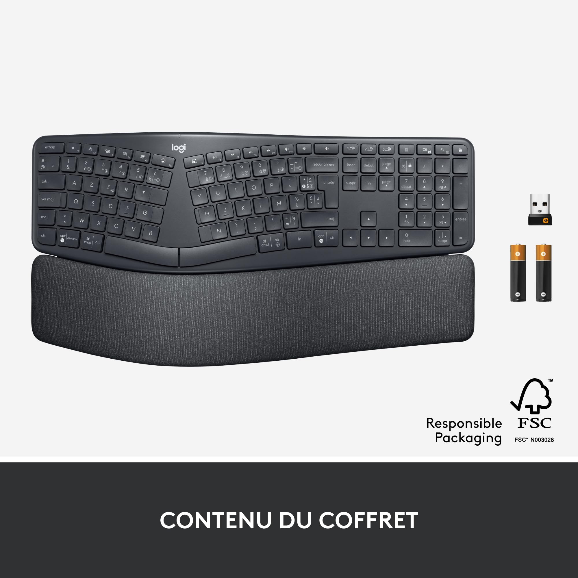 Logitech Ergo K860 Clavier Ergonomique sans Fil - en Deux Parties, Repose Poignet, Frappe Naturelle, Bluetooth et Connectivité USB, Compatible avec PC & Mac, Clavier Français AZERTY - Gris