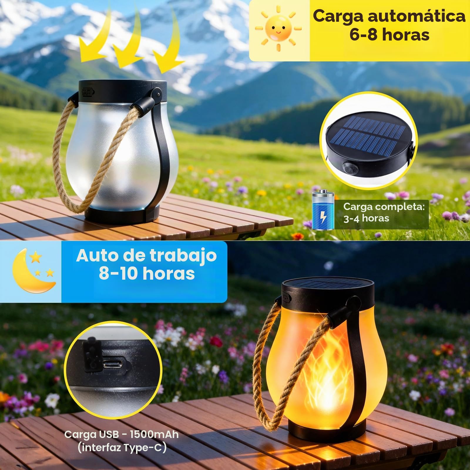 2 Piezas Farolillos Solares llama Exterior,Llama Danzante Faroles Colgantes Impermeables con Cuerda de Cáñamo, IP64 para Campamento, Jardín, Mesa Exterior, Patio, Balcón