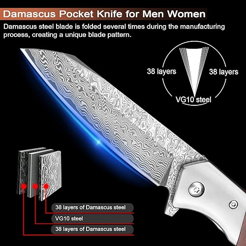 Miniatura 10 de KOMWERO Cuchillo de bolsillo de Damasco, cuchillo afilado de acero de damasco con núcleo VG10 de hoja de acero mango de madera, cuchillo plegable