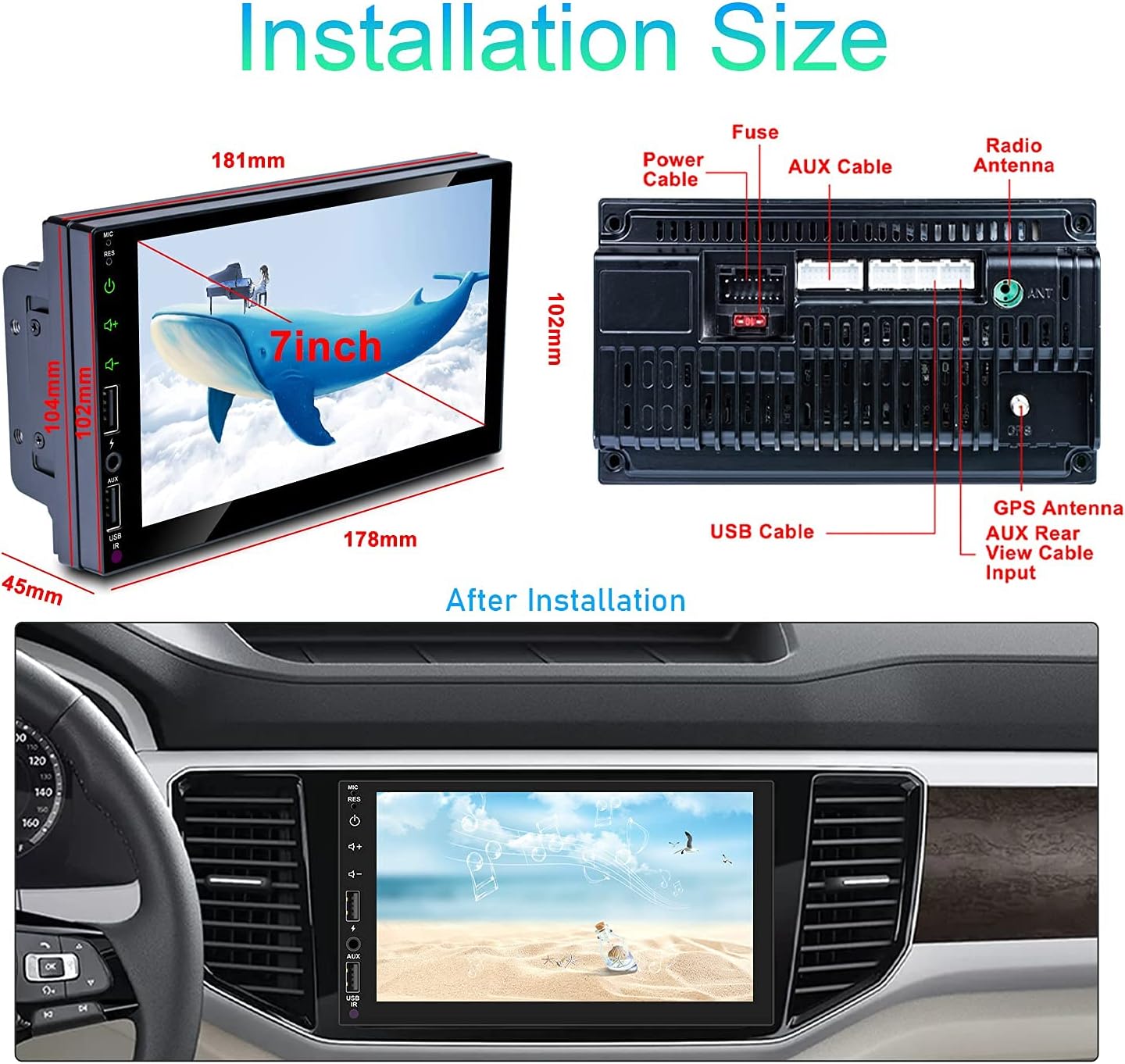 CAMECHO Car Stereo Installation Size and Rear Ports