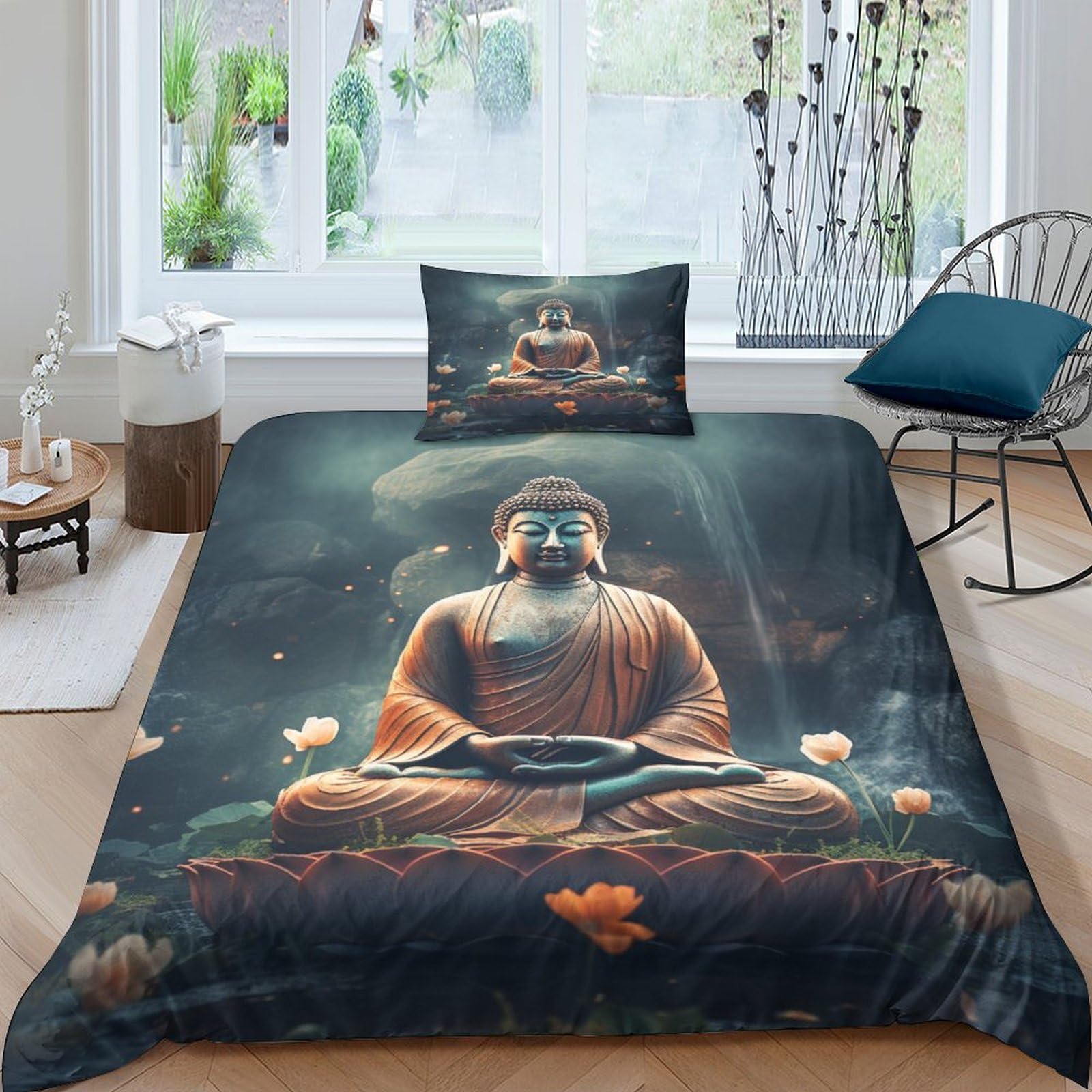 Housse de couette Bouddha 3D anti-glisse et infroissable avec zip pratique
