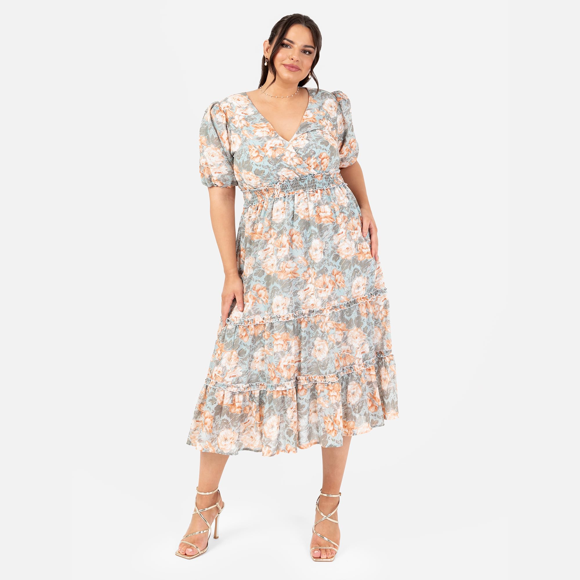 Lovedrobe Damska sukienka midi, dekolt w serek, krótki rękaw z nadrukiem, wzór kwiatowy Ruffle Fit and Flare Wedding Guest Apricot 40, morela, 40