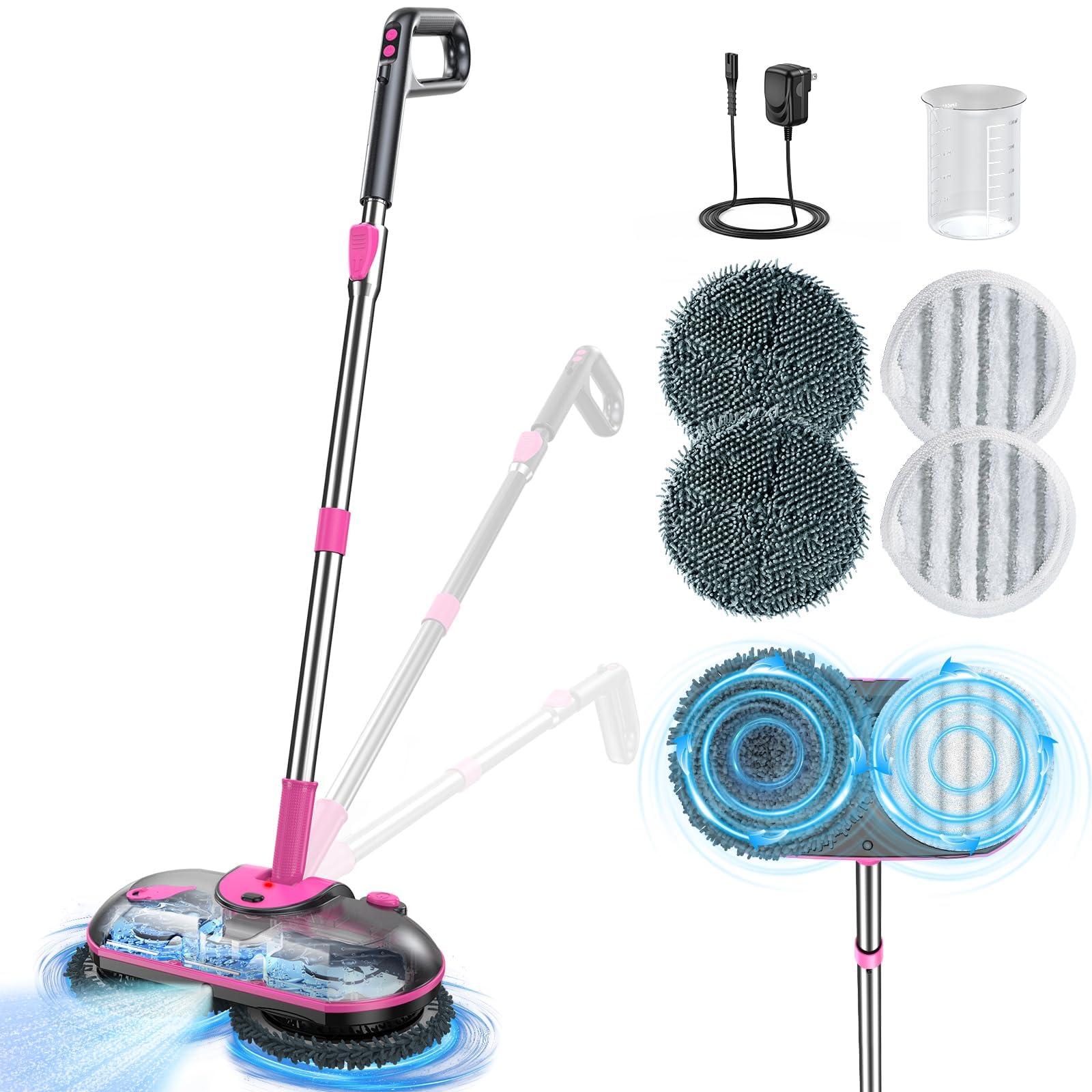 ScrubWiz Cordless Electric Mop, Electric Spin Mop with Water Spray, Powerful Floor Cleaner, Super Quiet Cleaning &amp; Waxing, Pink and Black
