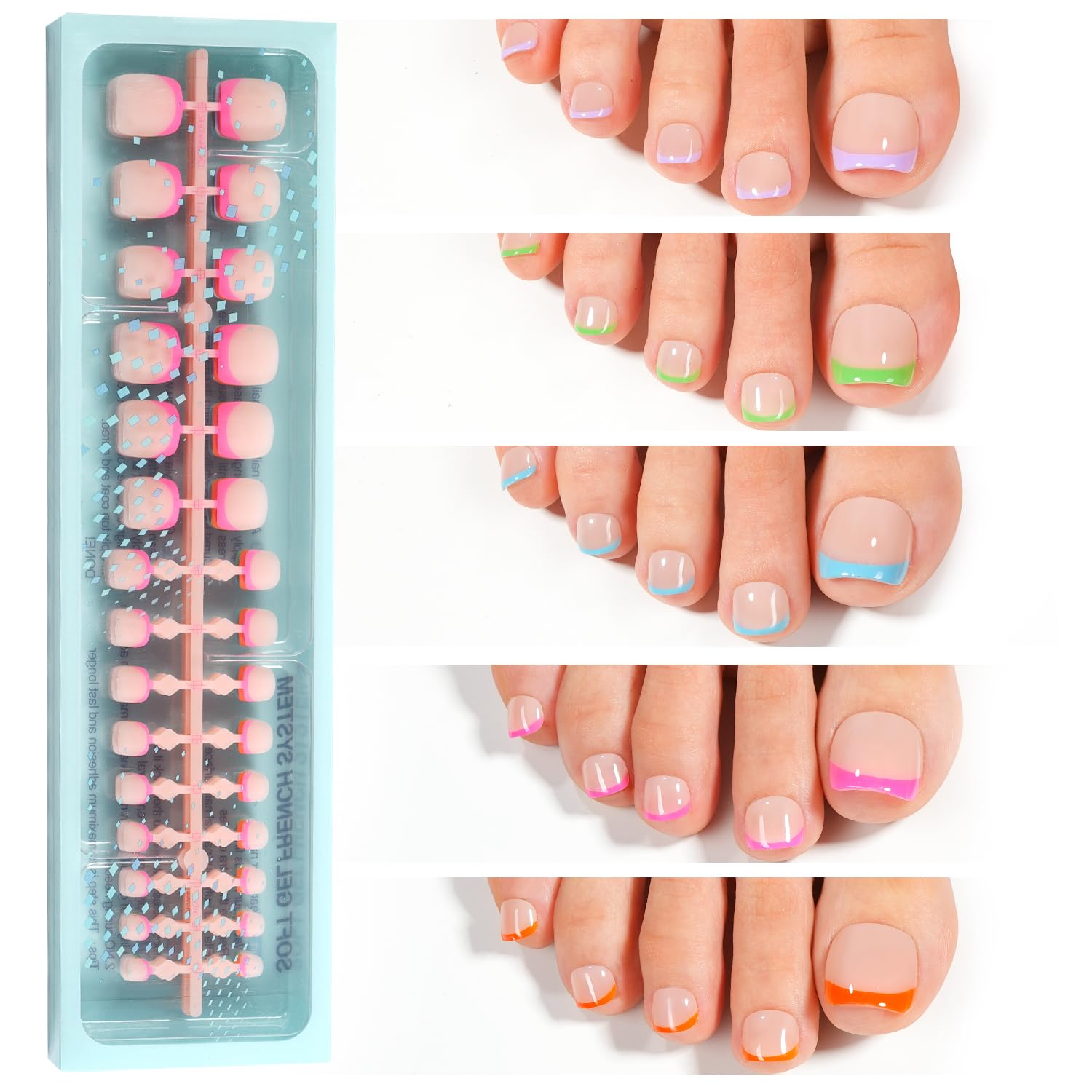 Vansiho Brighter Pastel Press on Toenails Short, French Tips Toenail Press on Square for Women, Soft Gel Fake Toenails, Acrylic Nails Soak off Toenail