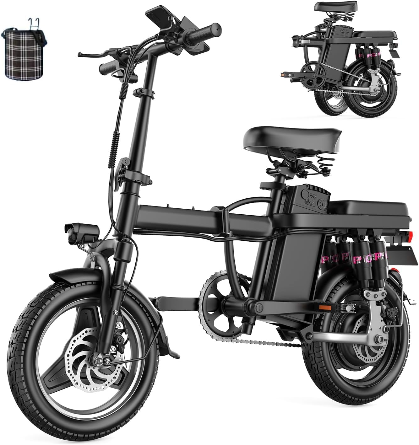 Electrical Bike for Adults,48V 15AH Detachable Battery,25MPH 35Miles Commuter Ebikes 500W Motor,Light-weight 14” Folding Electrical Bicycle with Adjustable Seat LCD Show