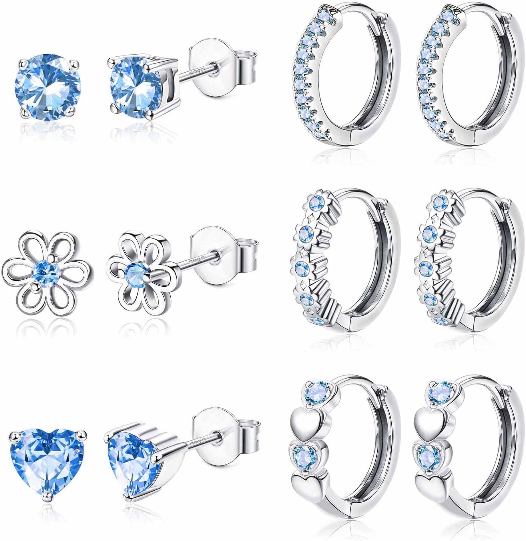 6 Pairs Small Earrings Set for Women Girls 925 Sterling Silver Post Stud and Hoop Earrings Set Hypoallergenic Zirconia Flower Heart Cute Cartilage Earrings for Kids Baby Pink/Purple/Blue