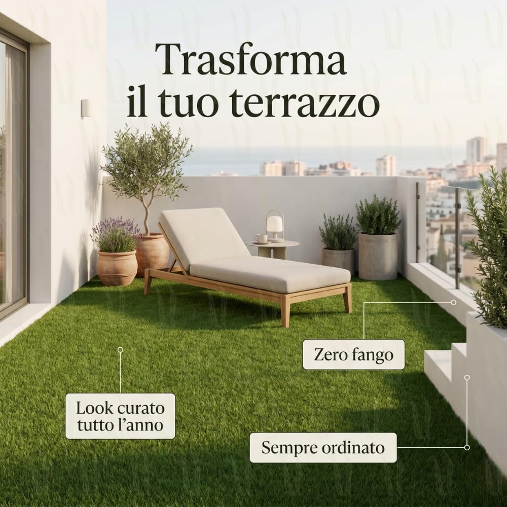 Prato Sintetico Drenante 25 mm Effetto Realistico, Erba Finta in Rotolo per Giardino, Terrazzo e Balconi, PE Verde Naturale UV, Zero Manutenzione e Pet Friendly (2 x 25 m (50 m²))