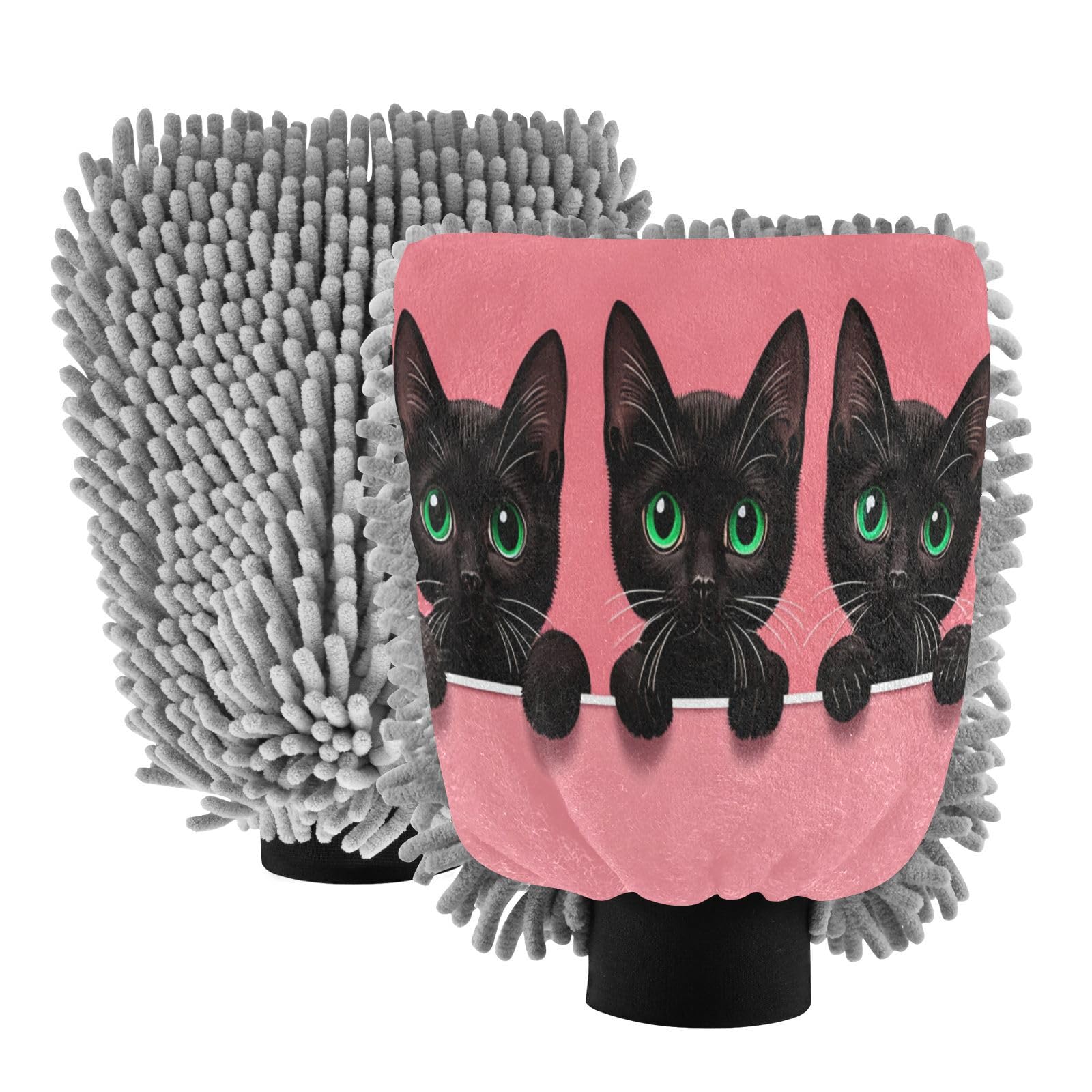 STAYTOP Three Black Cats Car Wash Mitt Microfiber, 2Pcs Scratch Free Lint-Free, Premium Chenille Microfiber Mitt Car Wash Brush-L