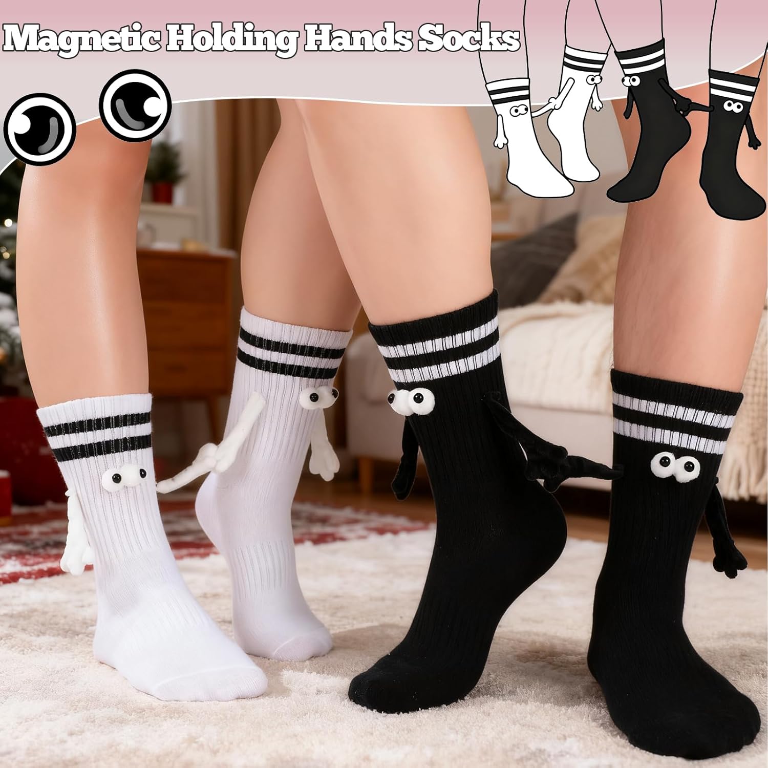 4 Pairs Magnetic Holding Hands Socks Novelty Striped Crew Socks Funny Hand in Hands Sock for Teen, Couples, Friends - Image 6