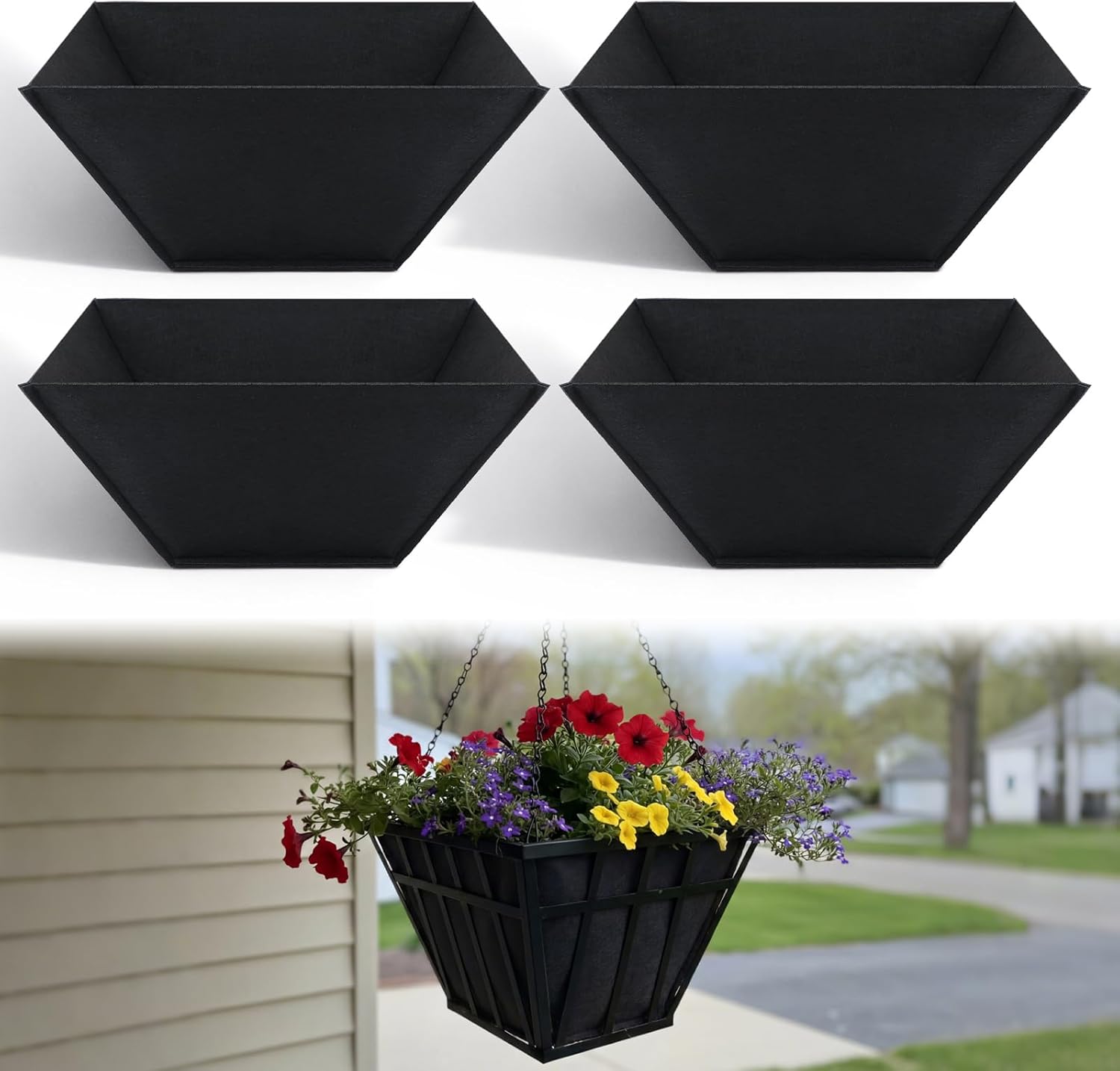 4 Pcs 14inch Fabric Square Hanging Basket Liners Black Square Breathable Felt Replacement Liners Durable Felt Liner for Wall Hanging Flower Basket and Garden Flower Pot