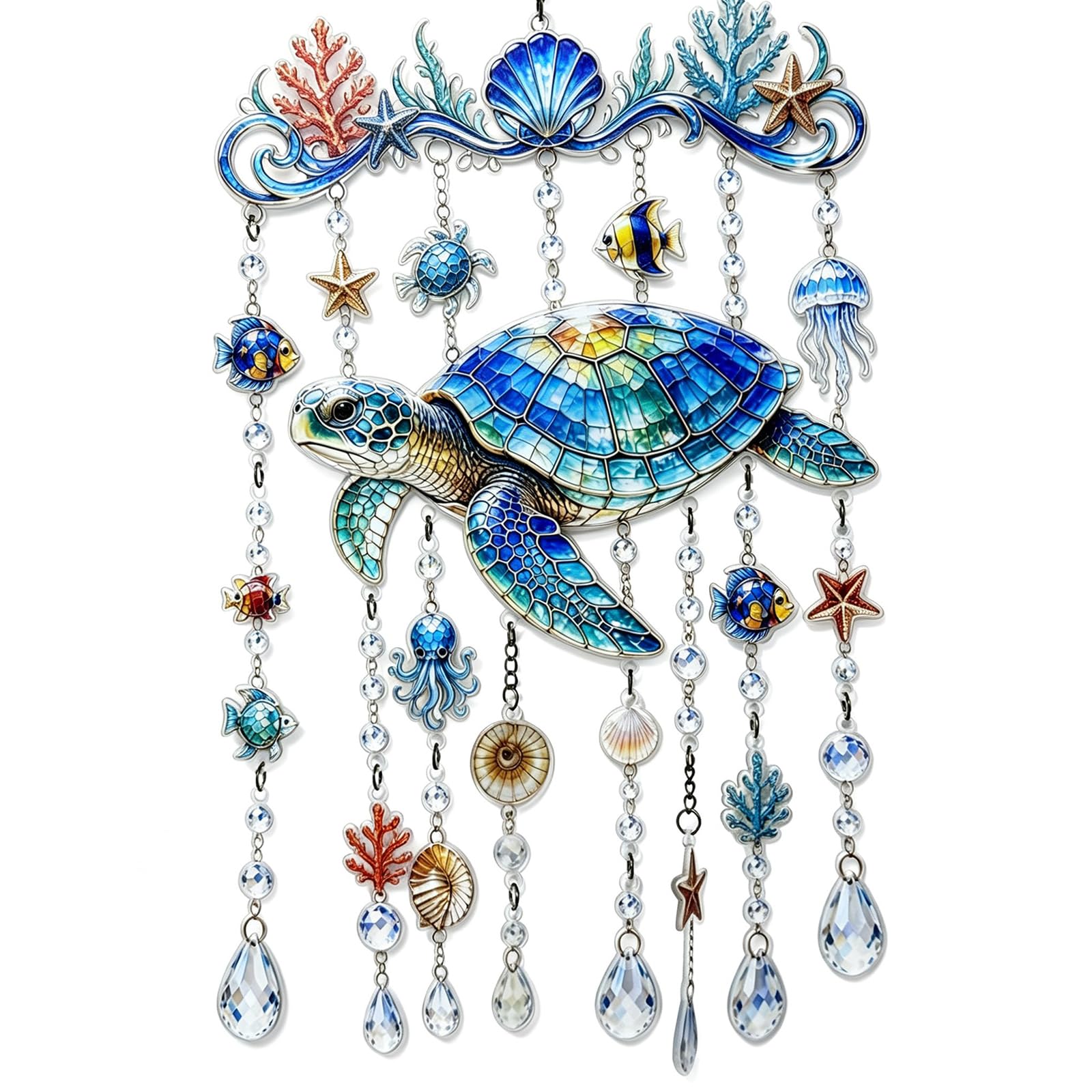Ocean Whale Dolphin Turtle Crystal Bead Wind Chime Hanging(A)