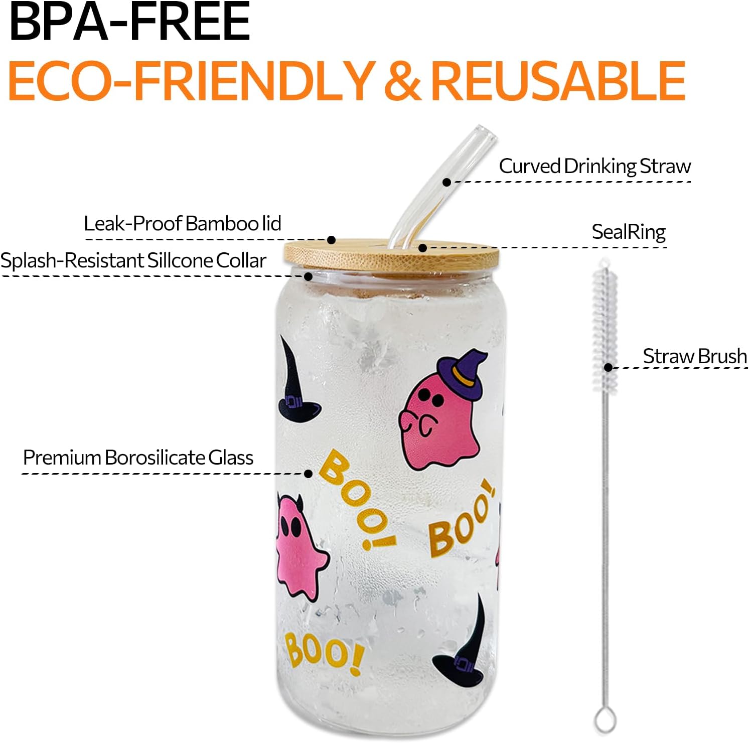 Color Changing glass cups - Glasses Cup with Bamboo Lids and Straws, 16oz Glass Tumbler for Ice Coffee Milk Tea Juice, Cold/hot Drinks, Cute Ghost Printed Drinking Cup with Straw Brush (4 pack)