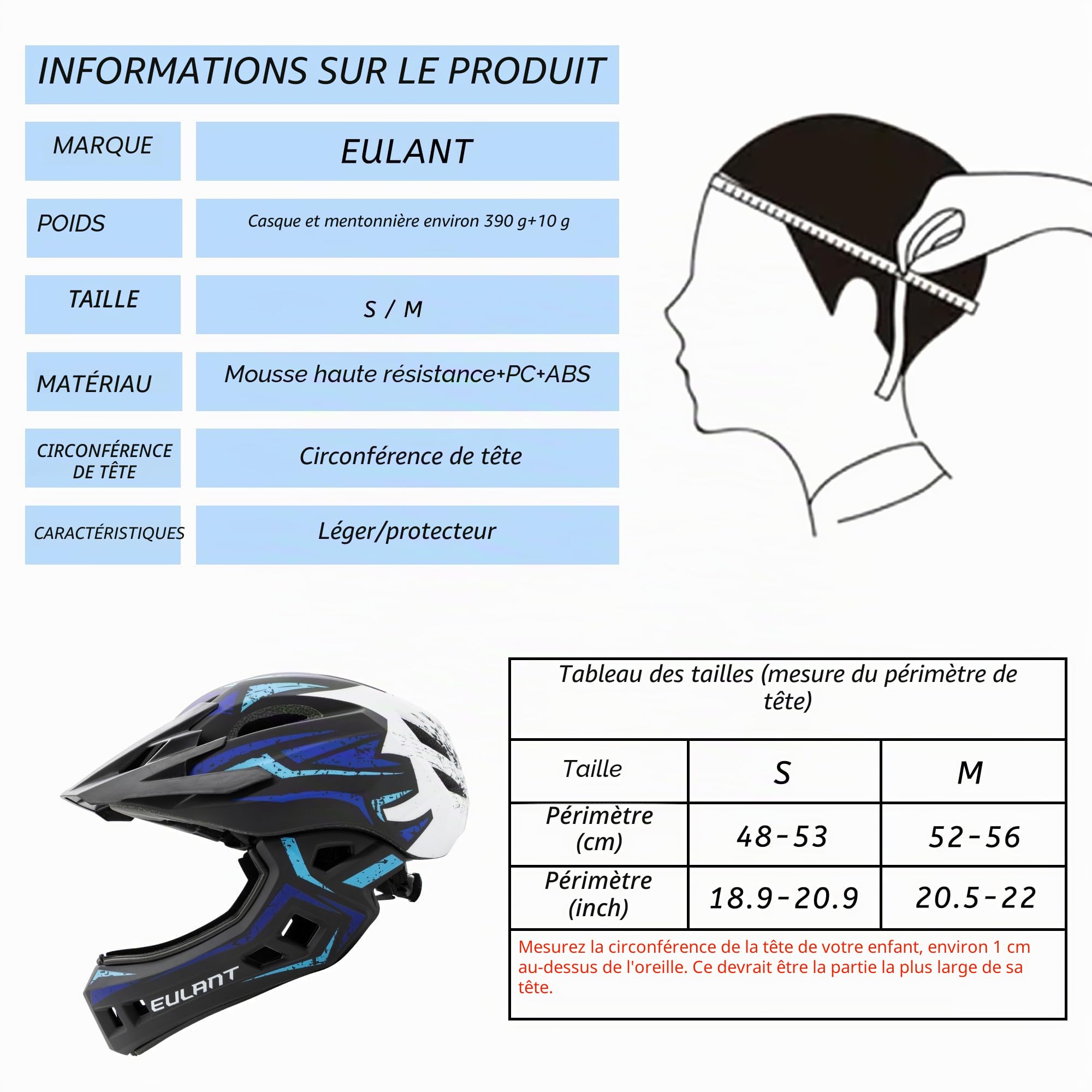 EULANT Casque Integral VTT pour Enfants,Casque Enfant avec Mentonniere pour Vélo BMX Moto Hoverboard,Poids Léger & Amovible