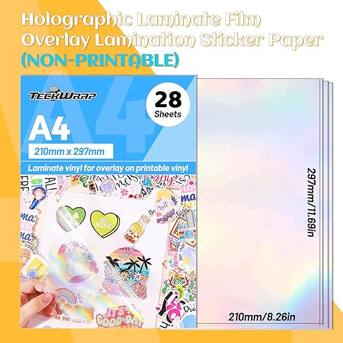 Miniatura 2 de TECKWRAP Papel adhesivo holográfico, película laminada de vinilo holográfico, laminación de superposición transparente de 8.26 x 11.69 pulgadas,