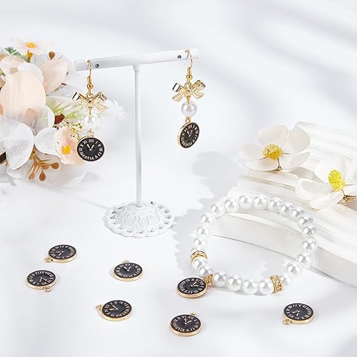 Miniatura 4 de SUNNYCLUE 1 caja de 40 dijes de cara de reloj, dijes de esmalte negro, redondos, planos, de metal, dije de reloj de tiempo, pequeños dijes de