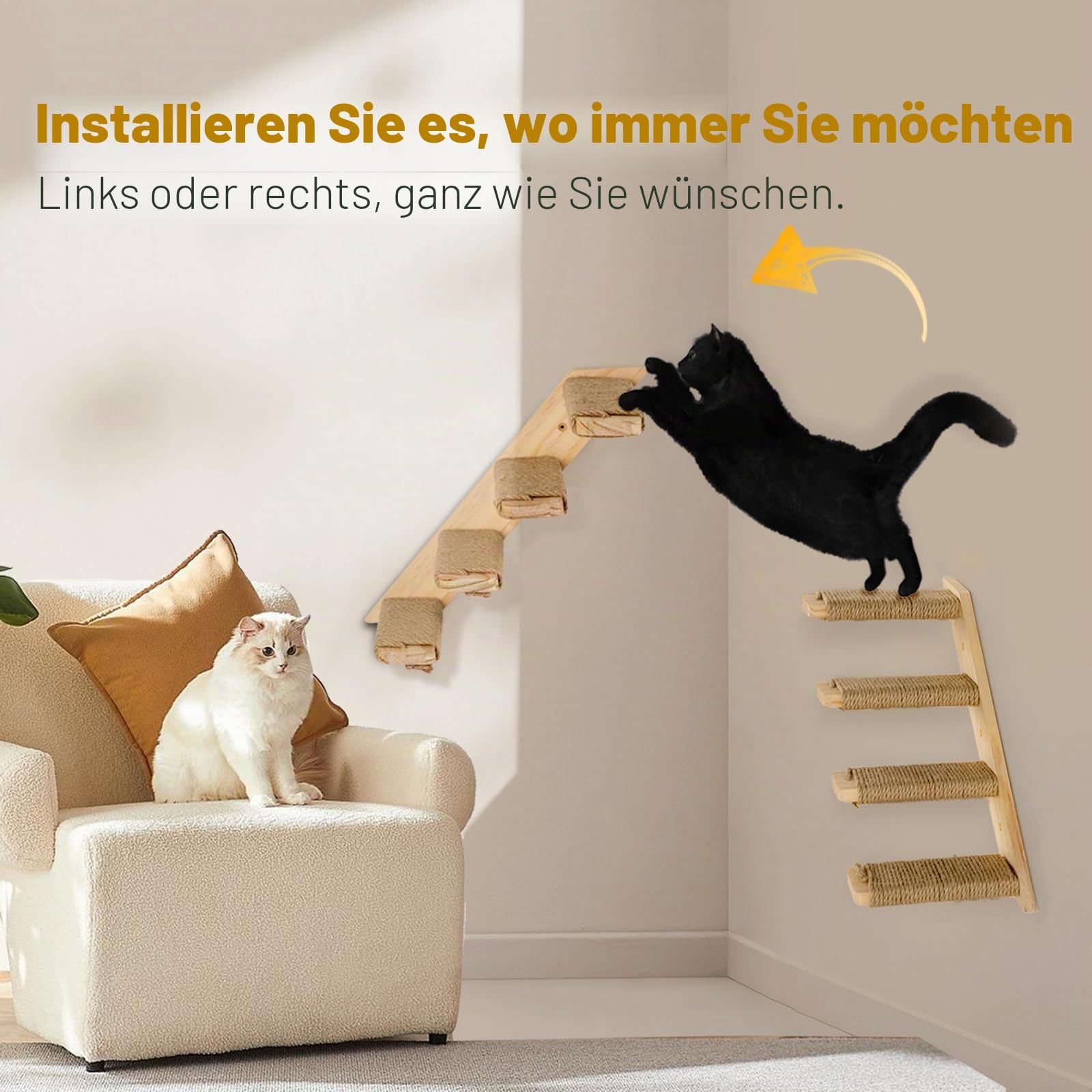 Set aus 2 Wand-Kletterregalen für Katzen mit 4 Stufen und umweltfreundlicher Sisalschnur. Große Größe