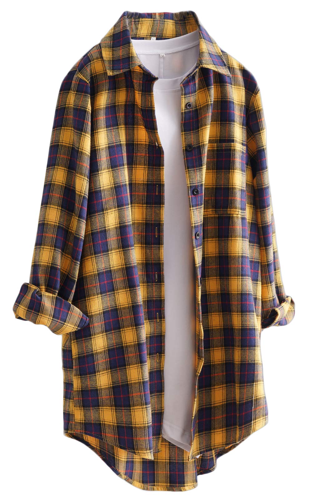 Women's Cotton Blouses Tops Plaid Long Sleeve High Low Button Down Shirts Tunic