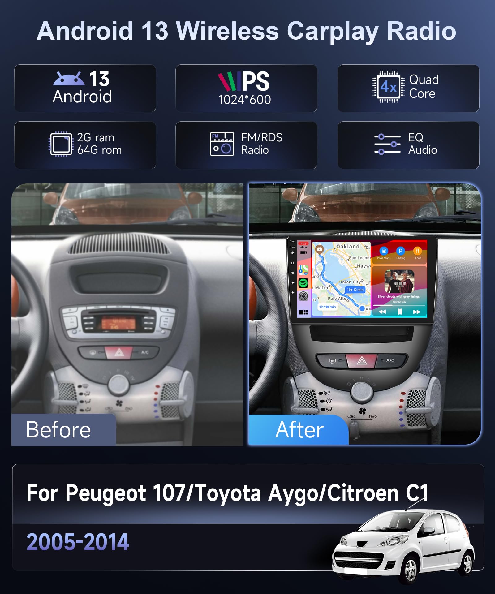 Podofo Carplay Car Radio for Citroen C1/Peugeot 107/Toyota Aygo 2005-2014,2G+64G Android Car Stereo with HiFi Audio 10 inch Touchscreen Wireless Android Auto GPS Wifi Bluetooth FM/RDS Radio USB - Image 2