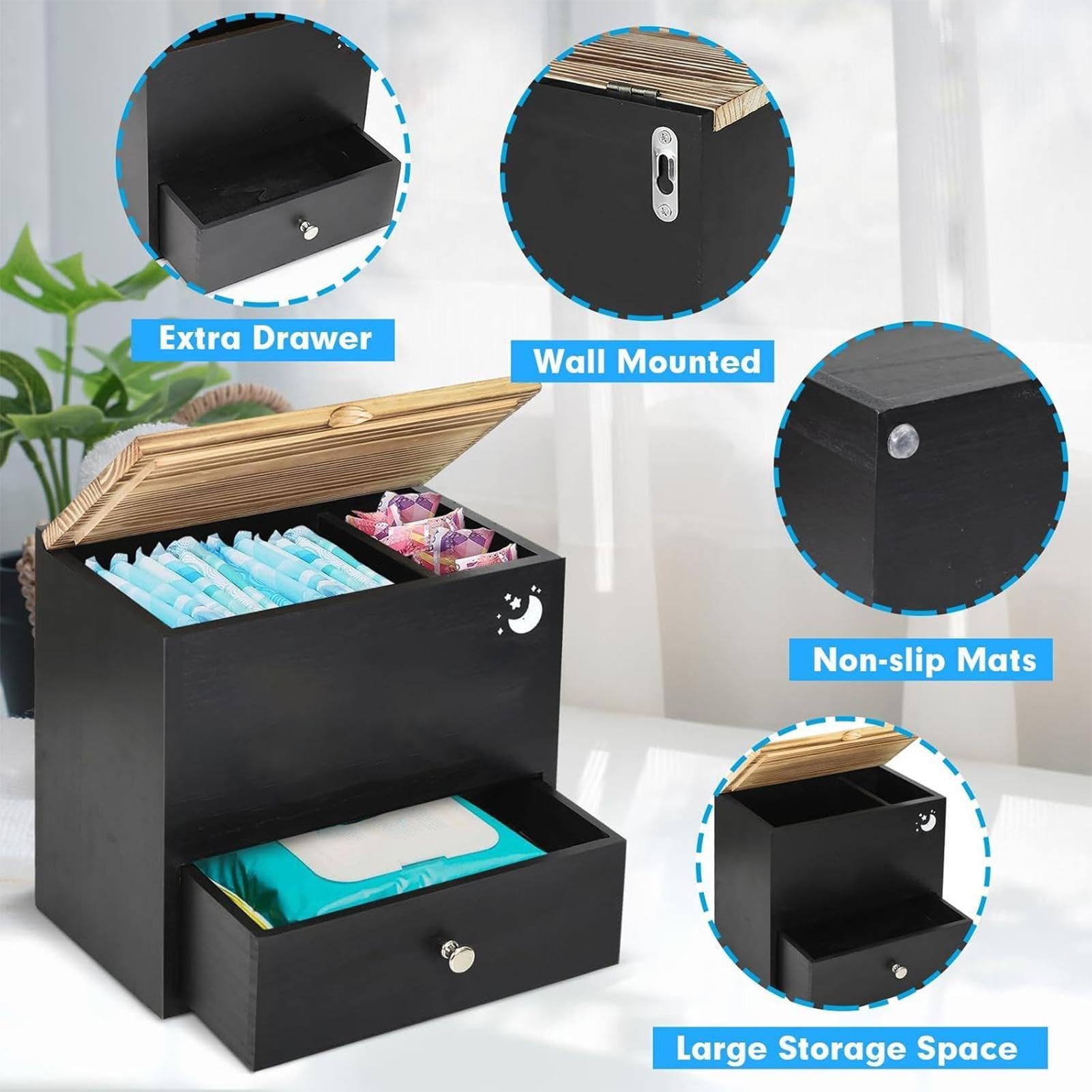 Tampon-Aufbewahrungsbox – Hygiene-Halter aus Holz, dekorativer Kosmetik-Präsentationsbehälter, kompakter Pad-Organizer, Badezimmer-Theke, Arrangement-Einheit, für Zuhause, Wohnung, Spa, Schönheit